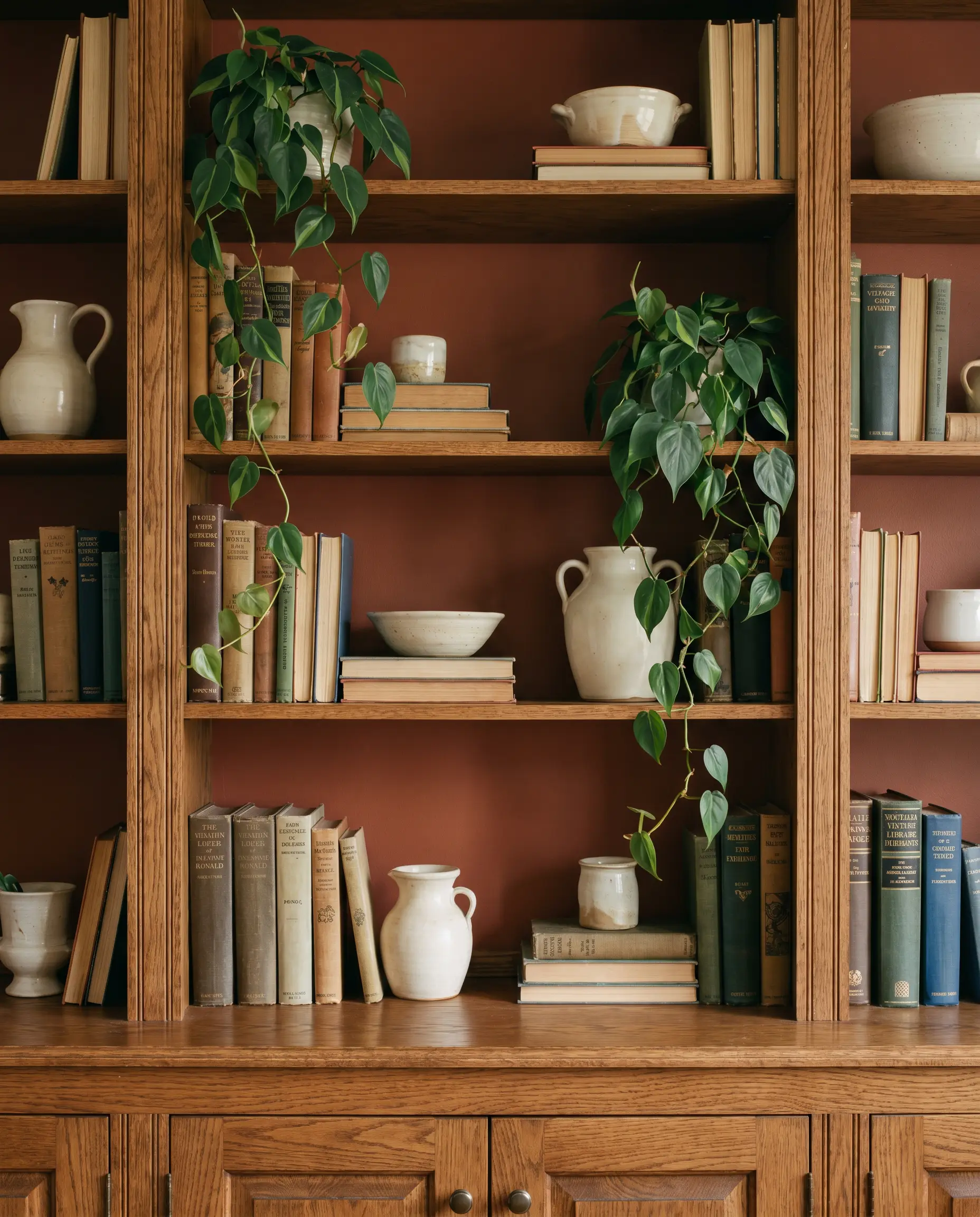 A heavy-timbered vintage library bookcase displays hardcover books, creamy ceramics, and trailing plants against back panels painted in Benjamin Moore Baked Terra Cotta (Hex #B36957).