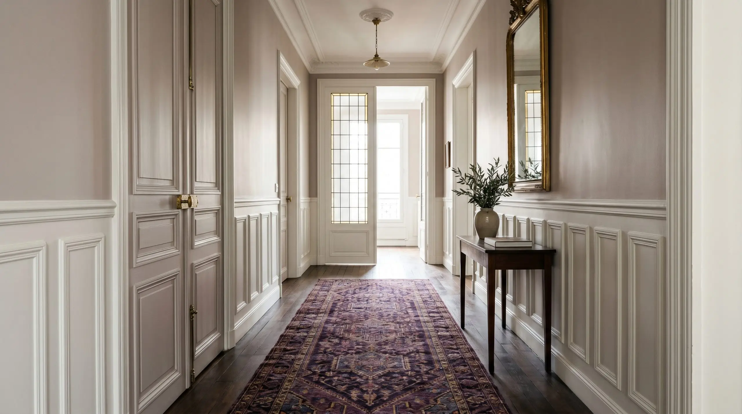 An intricate vintage Persian runner echoing purple undertones anchors a classic European hallway featuring crisp wainscoting and dusty mauve upper walls.