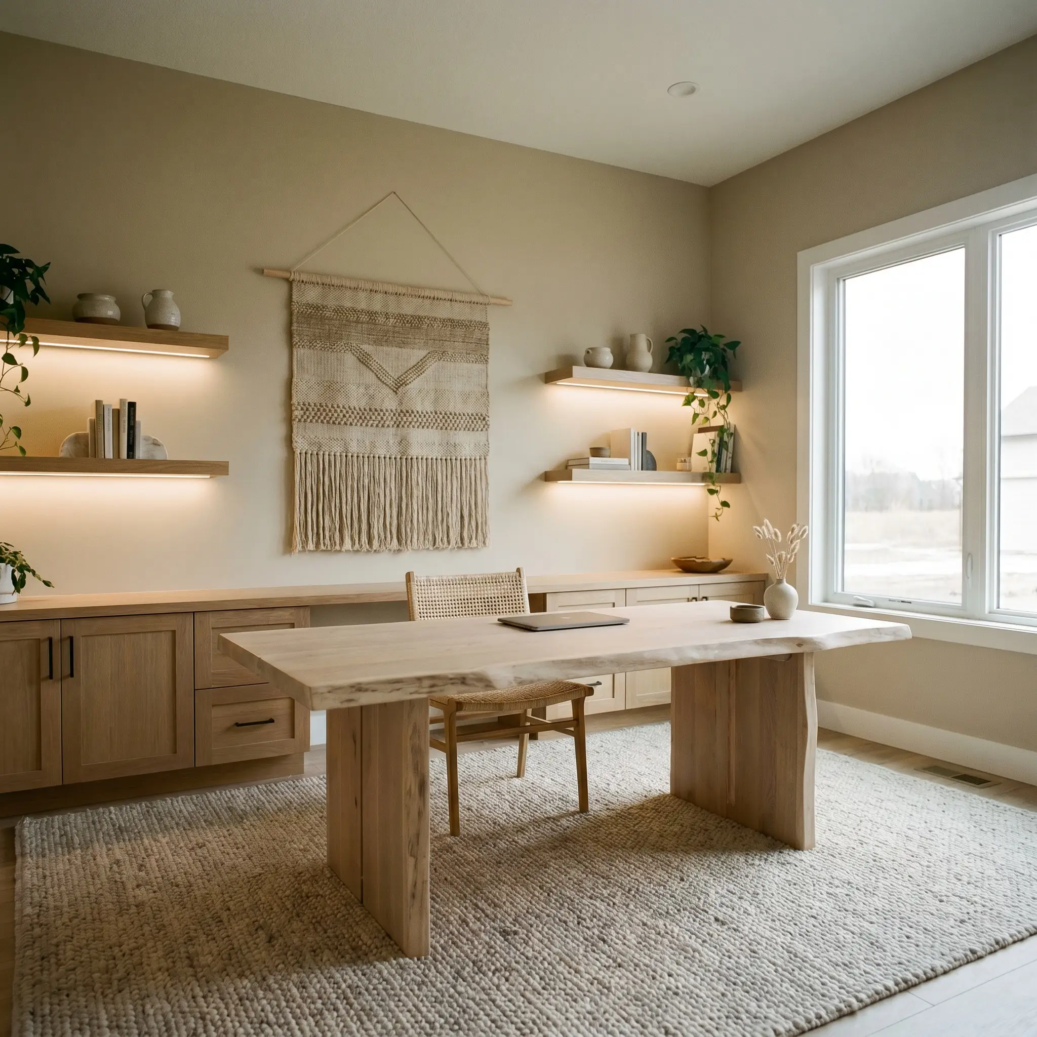 A calming home office painted in PPG Soft Suede (Hex #d8cbad) features a live-edge bleached oak desk, floating wall ledges, and a nubby wool rug.