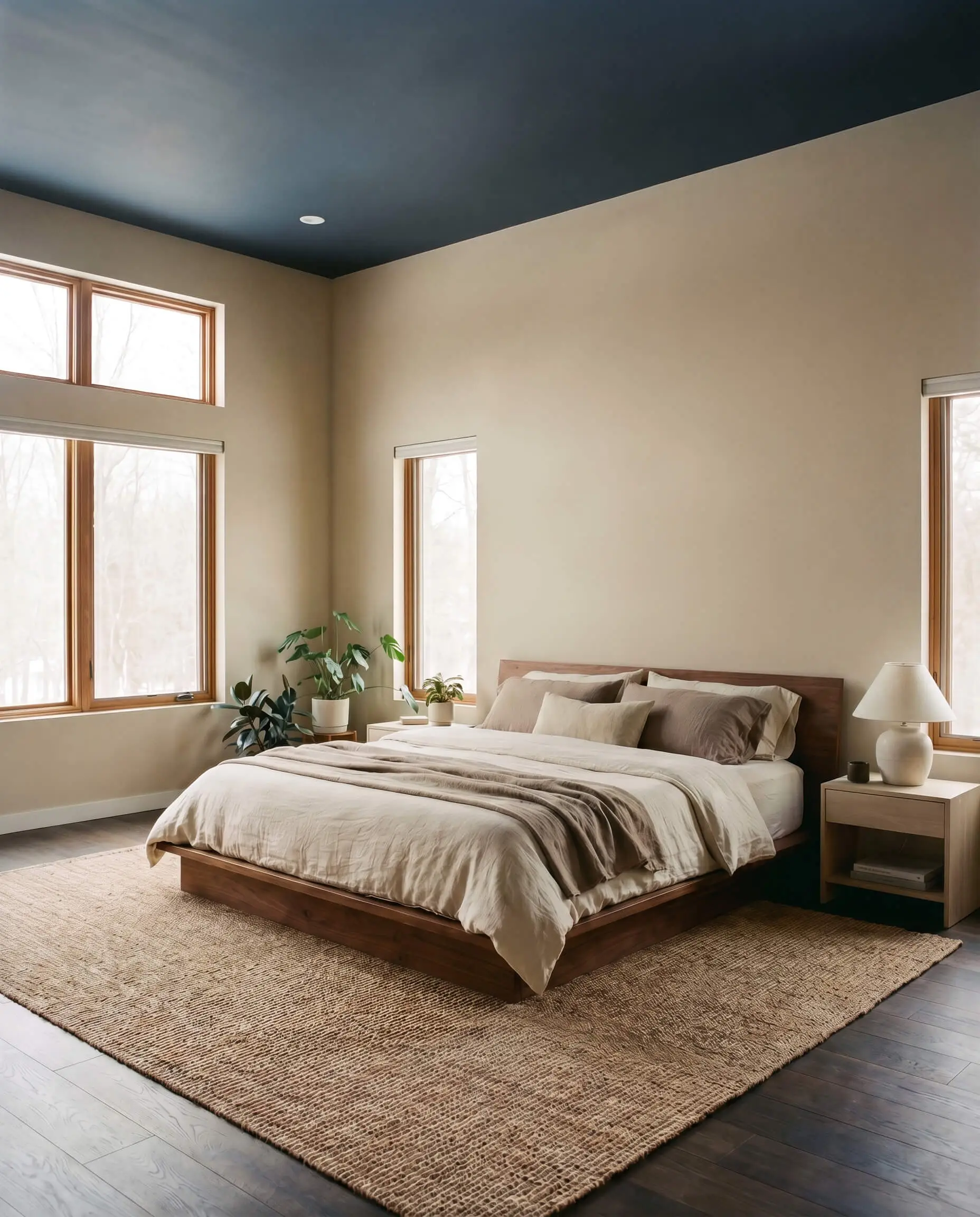 Organic bedding and a walnut bed frame ground a Scandinavian modern bedroom featuring a saturated dark blue painted ceiling canopy.