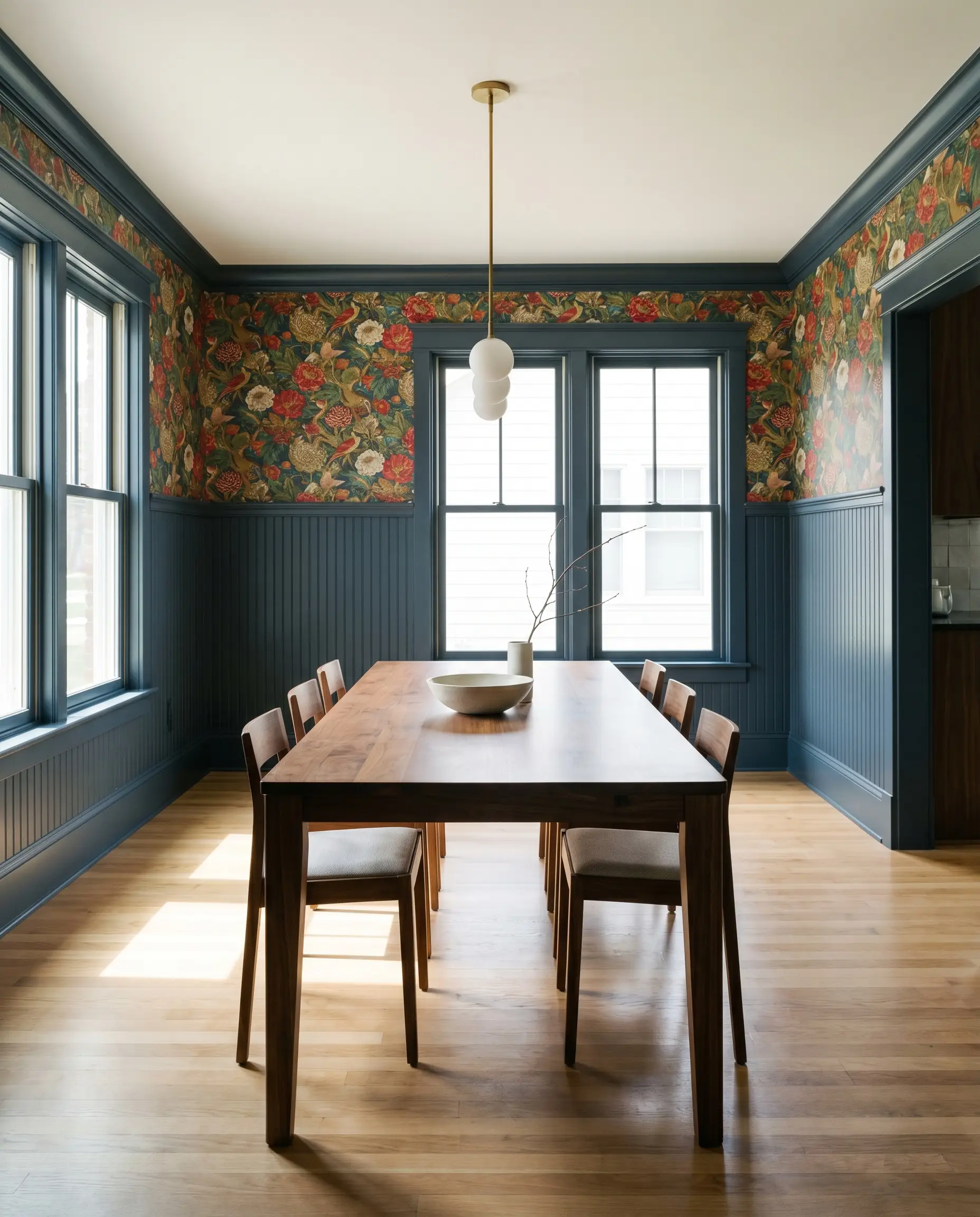 A walnut dining table sits beside lower beadboard wainscoting painted in Dulux Slow Swing (Hex #2C3241) beneath vibrant patterned upper wallpaper.