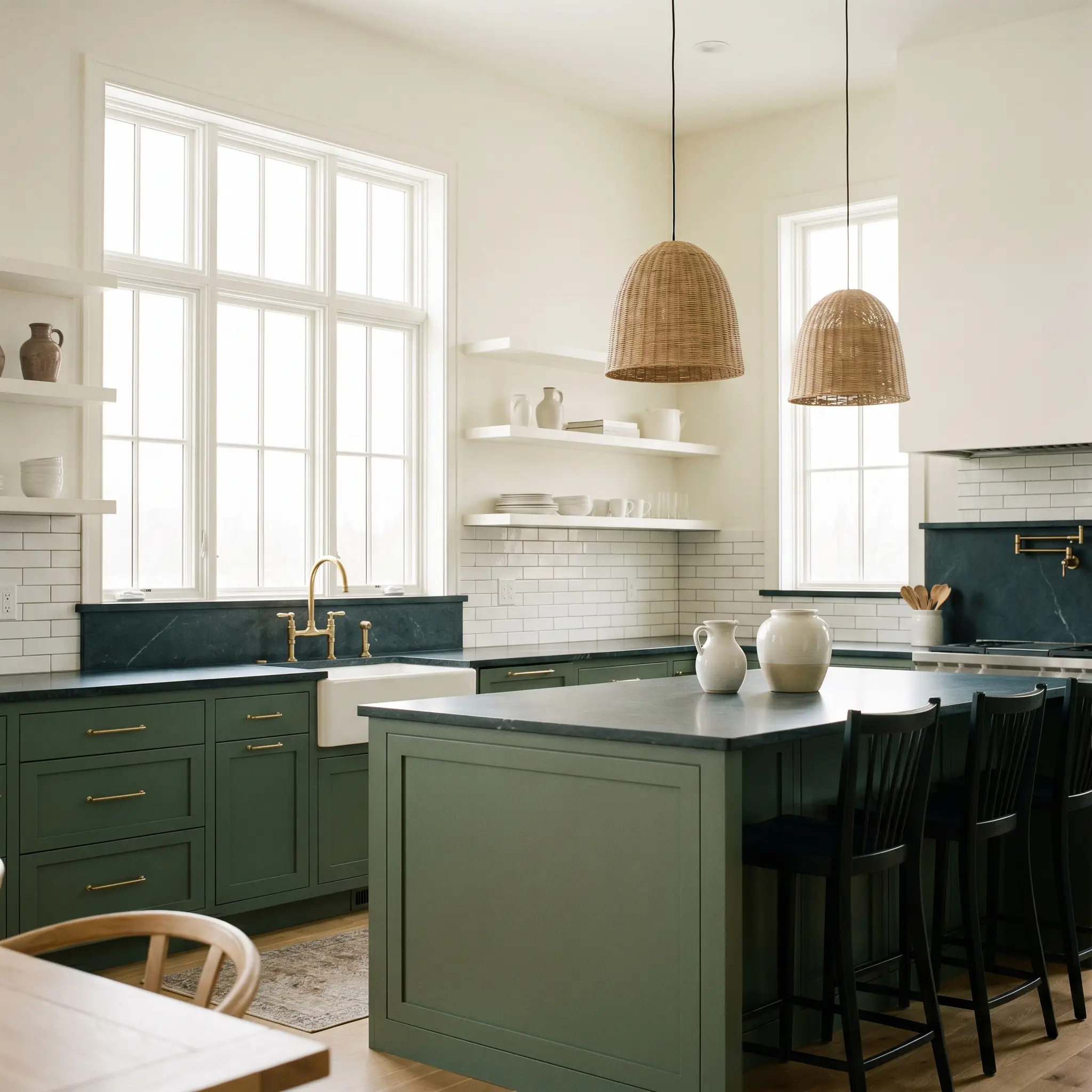 Transitional lower kitchen cabinetry painted in Sherwin-Williams Basil (Hex #626E60) grounds a large central island, white subway tile, and honed soapstone countertops.