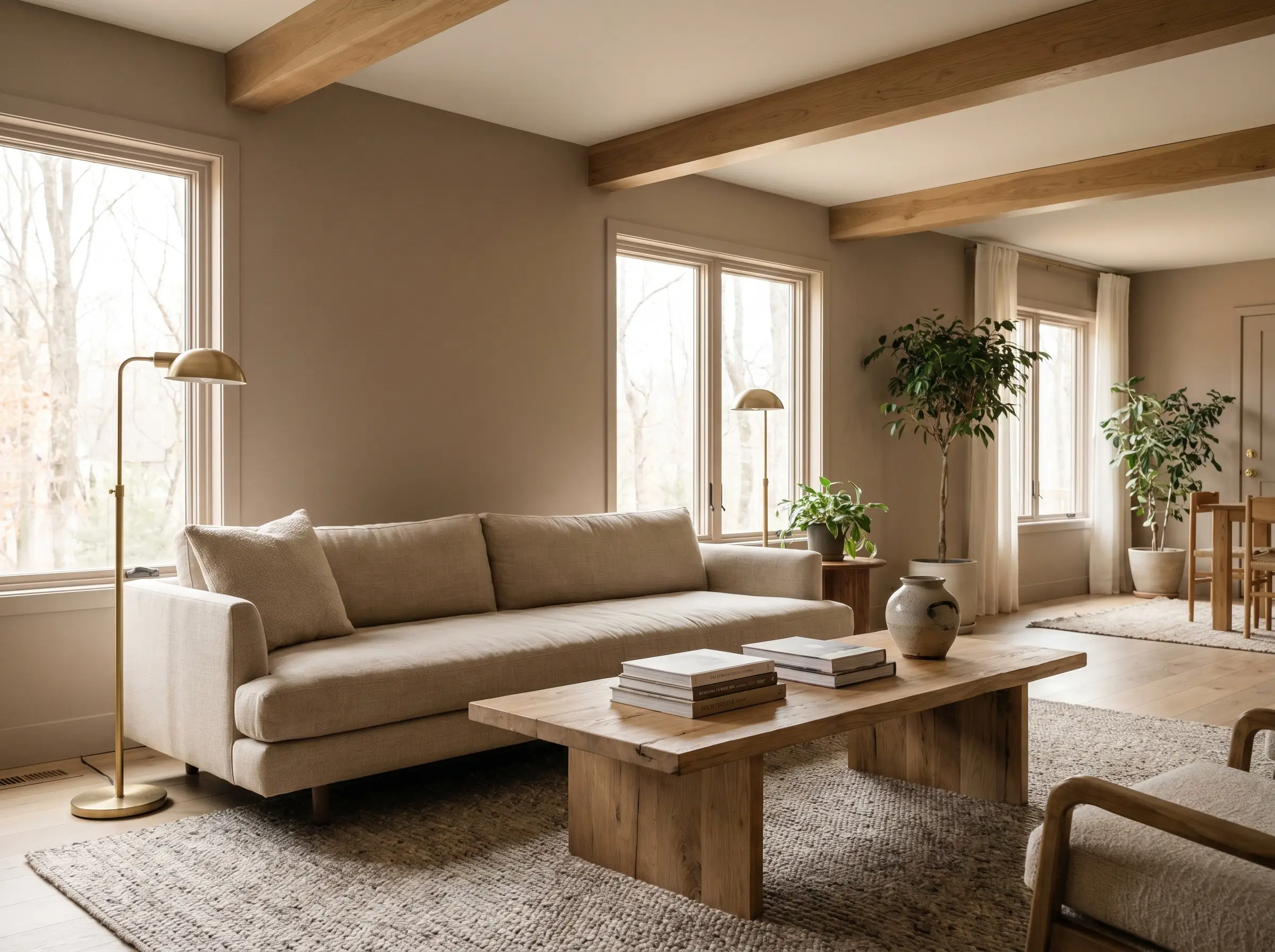 A low-profile natural linen sofa and raw timber coffee table sit within a cozy living room painted in Behr Mocha Foam (Hex #bba28e).