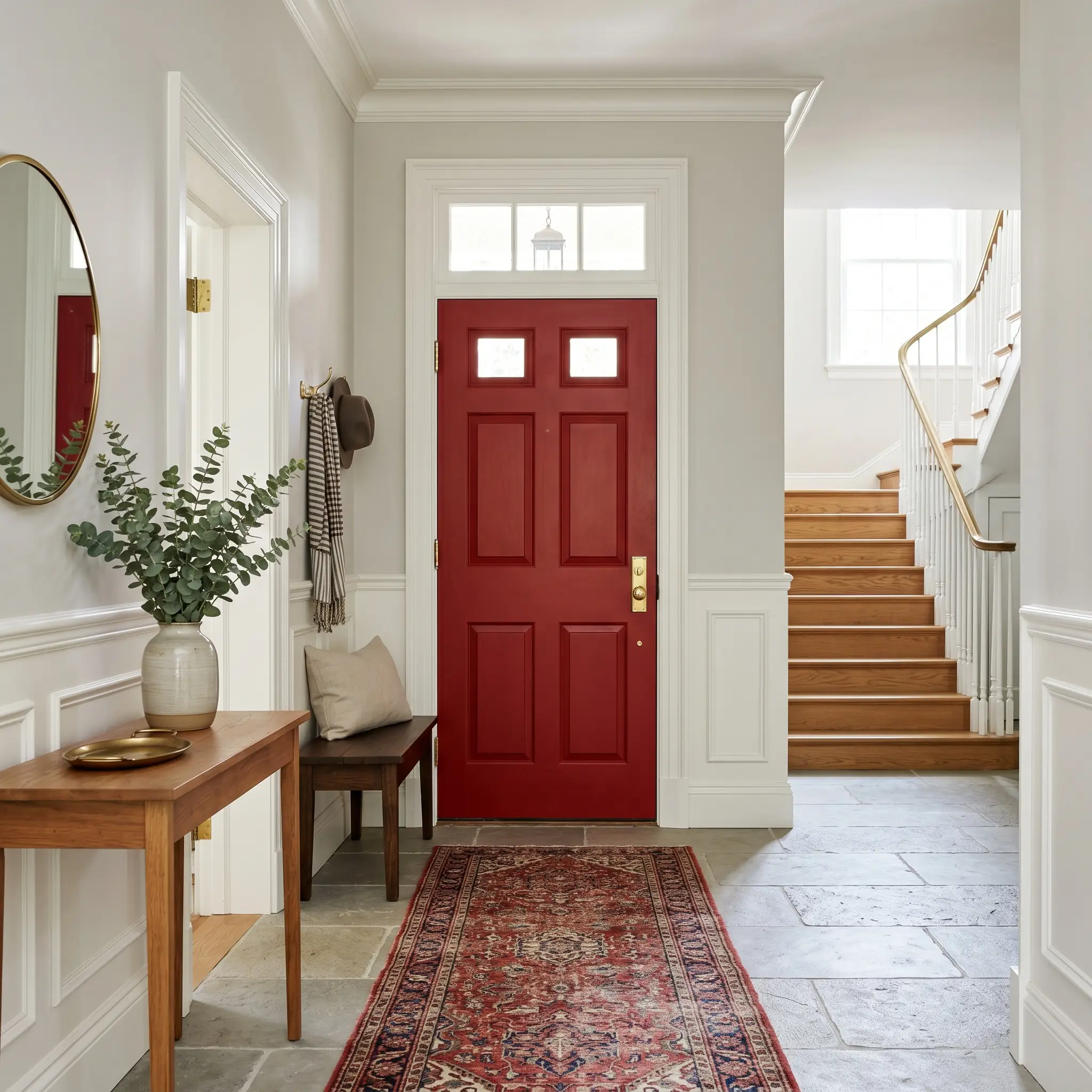 A classic entryway foyer features an interior door painted Benjamin Moore Red (Hex #C92E2E) with unlacquered brass hardware contrasting crisp wainscoting and a vintage patterned runner.