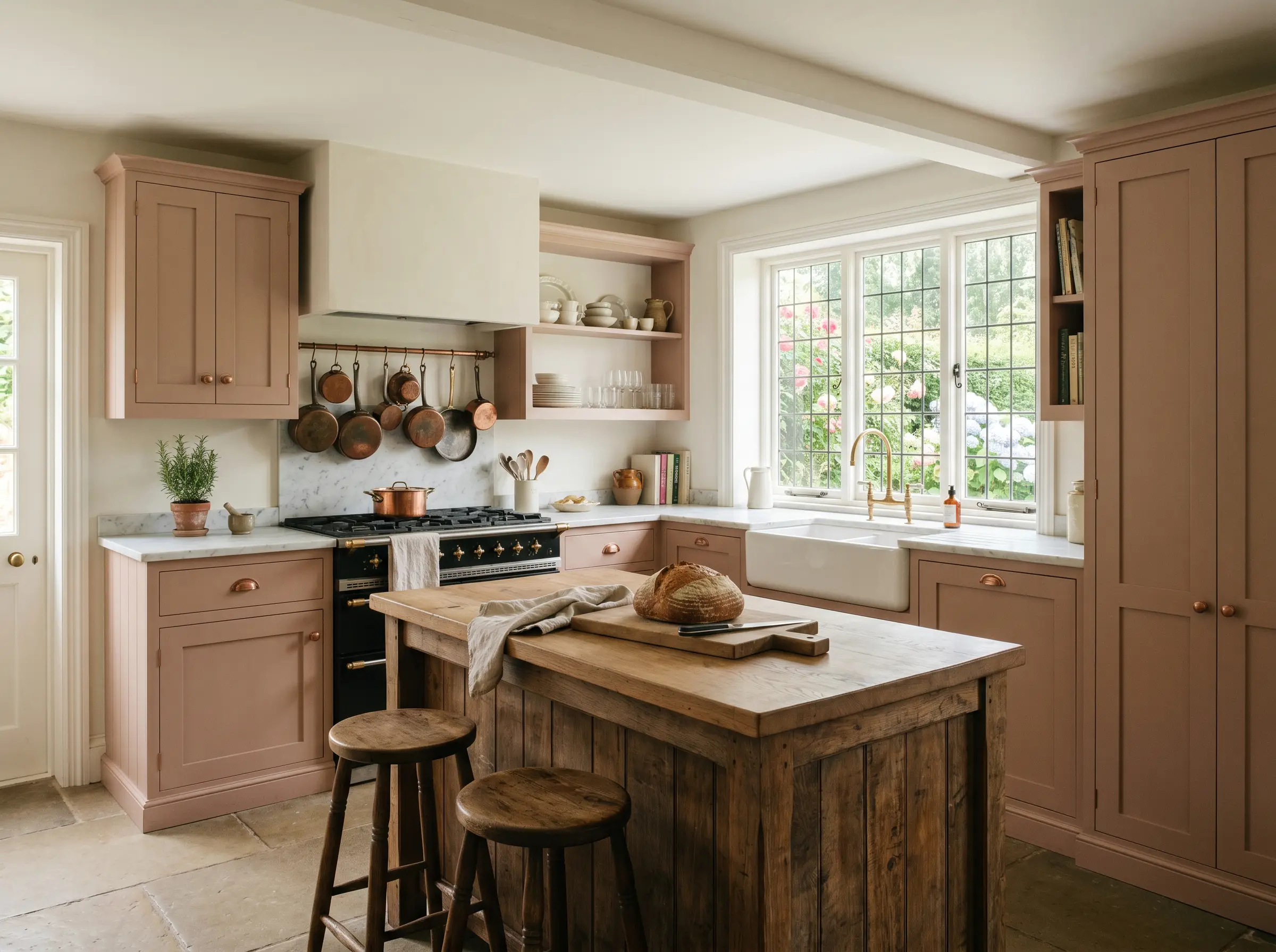 Unlacquered copper hardware and a classic white farmhouse sink contrast beautifully against English cottage kitchen cabinetry painted in a muted mushroom neutral.