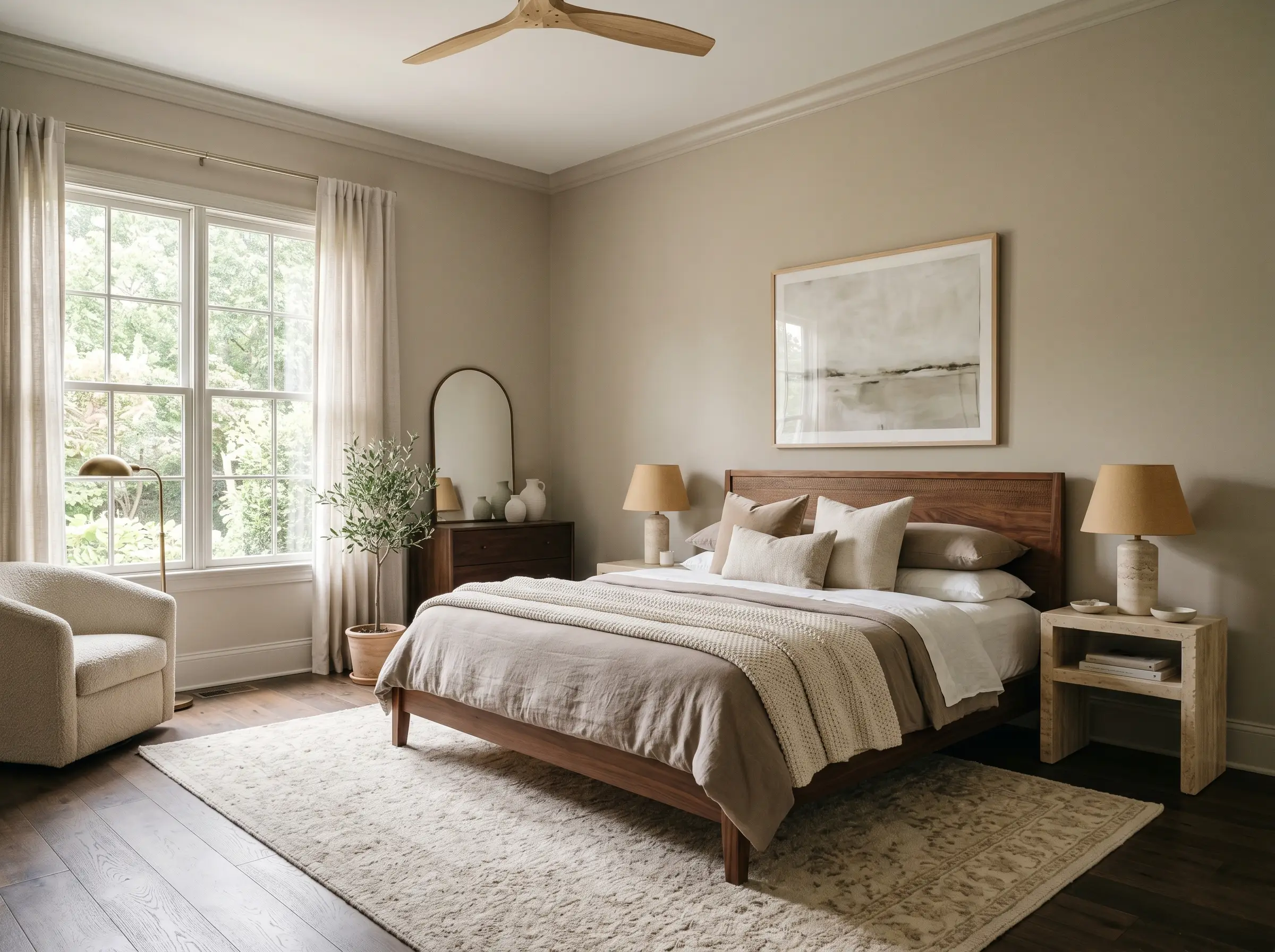 Layered tonal bedding on a walnut frame and tumbled travertine bedside lamps outfit a serene primary bedroom painted entirely in Benjamin Moore Pashmina (Hex #BBB2A1).