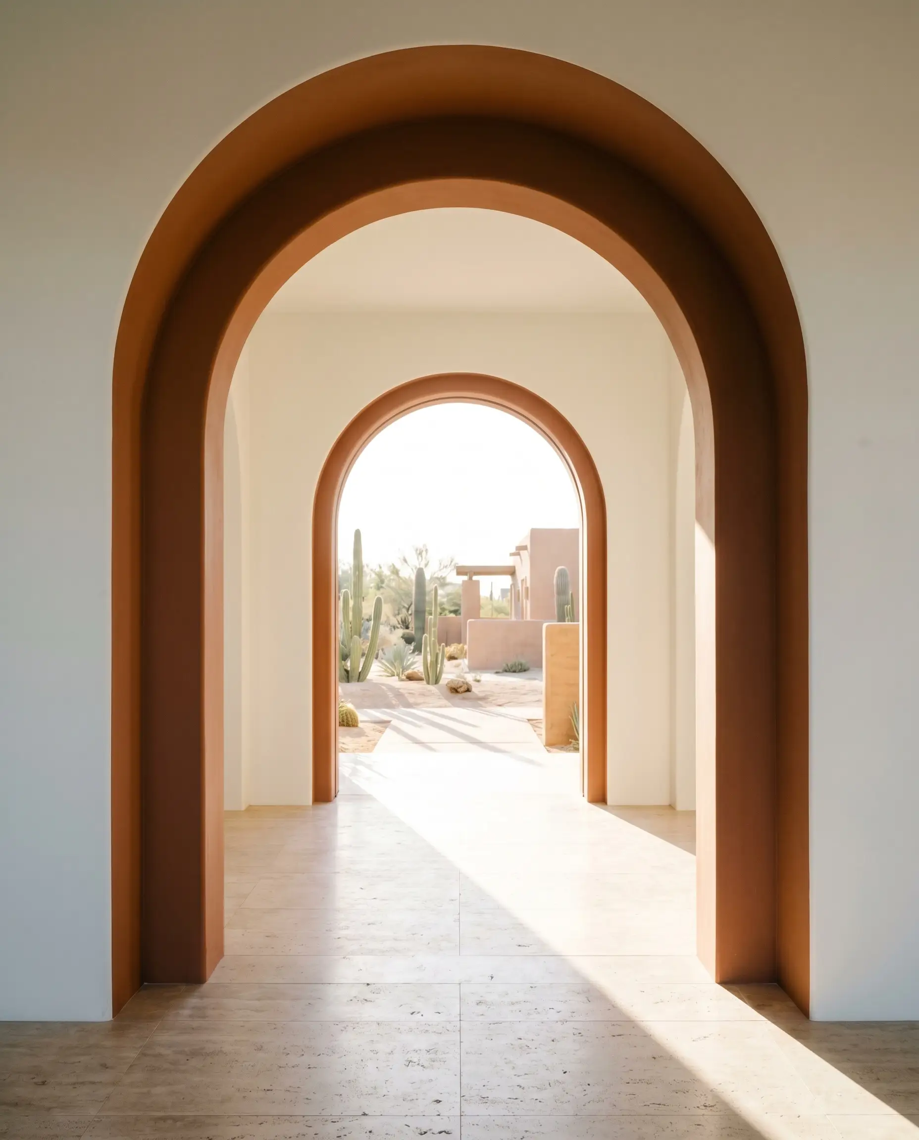 The inner rim of a wide archway painted in Dulux Tuscan Terracotta (Hex #D8967B) frames a desert modernism transition zone with honed travertine flooring.