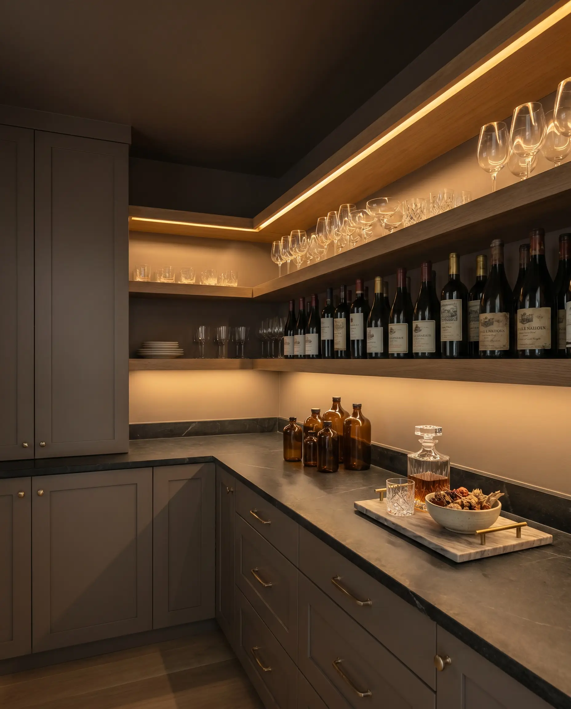 Cabinetry, open shelving, and the ceiling are color-drenched in a warm taupe hue within a windowless butler's pantry featuring illuminated glassware and a soapstone countertop.