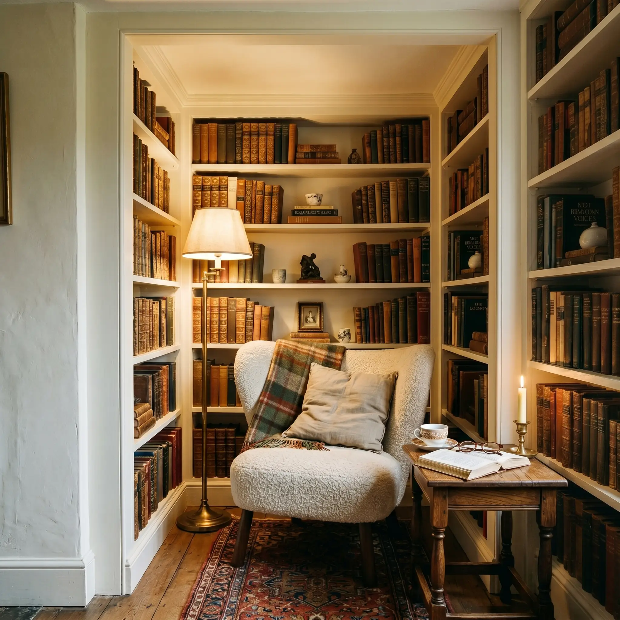 A heavily textured bouclé reading chair sits in a recessed reading alcove featuring built-in bookshelves styled with antique leather-bound books.