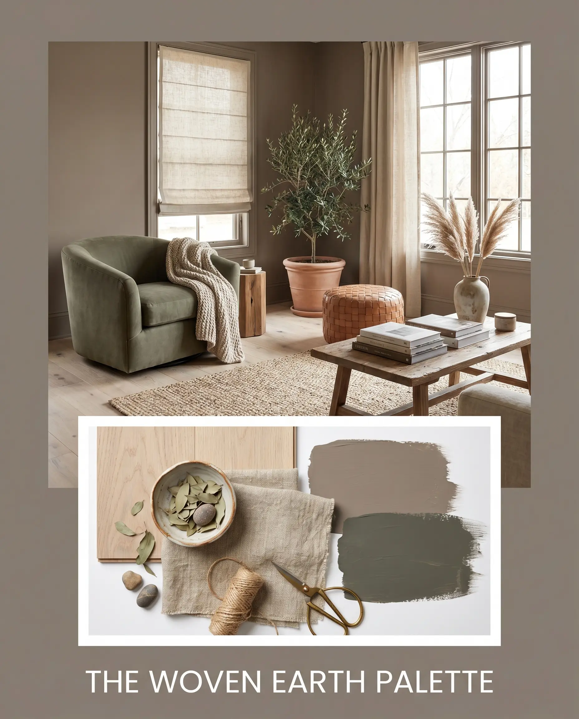 An editorial magazine layout presents a tactile organic living room above an inset flat-lay featuring bleached white oak wood, raw linen fabric, jute, and muted earthy green paint applications.