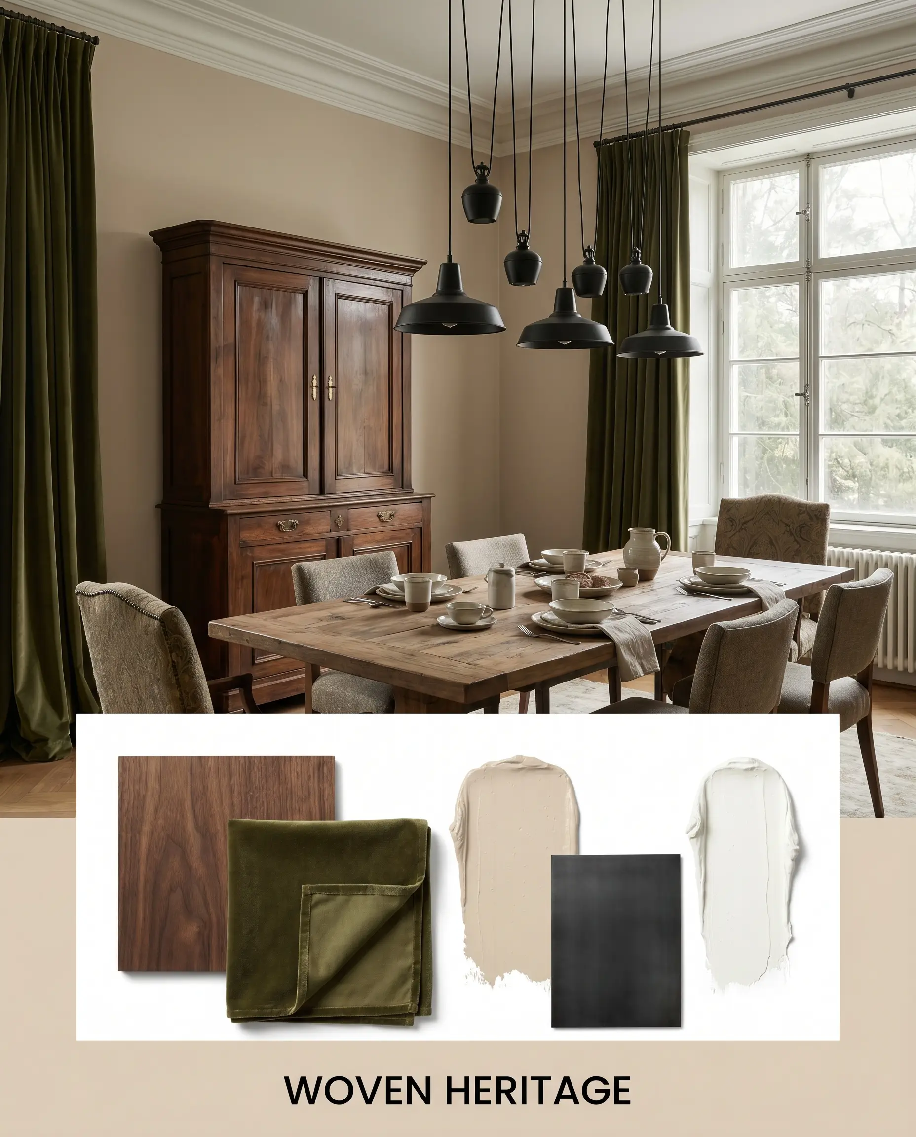 A dark walnut wood swatch and olive velvet fabric fold are styled alongside thick paint applications of creamy white and PPG Sourdough (Hex #ddcfbc).