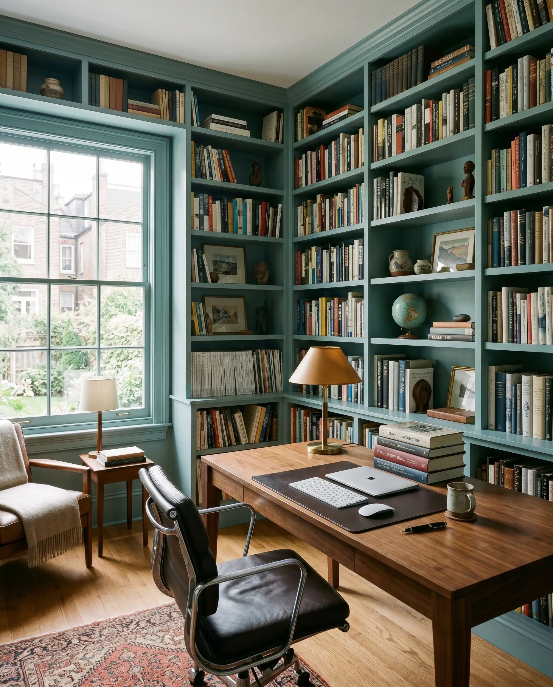A warm walnut desk anchors a sophisticated academic home office surrounded by wrap-around built-in bookshelves painted entirely in Benjamin Moore St. Lucia Teal (Hex #94B8AF).