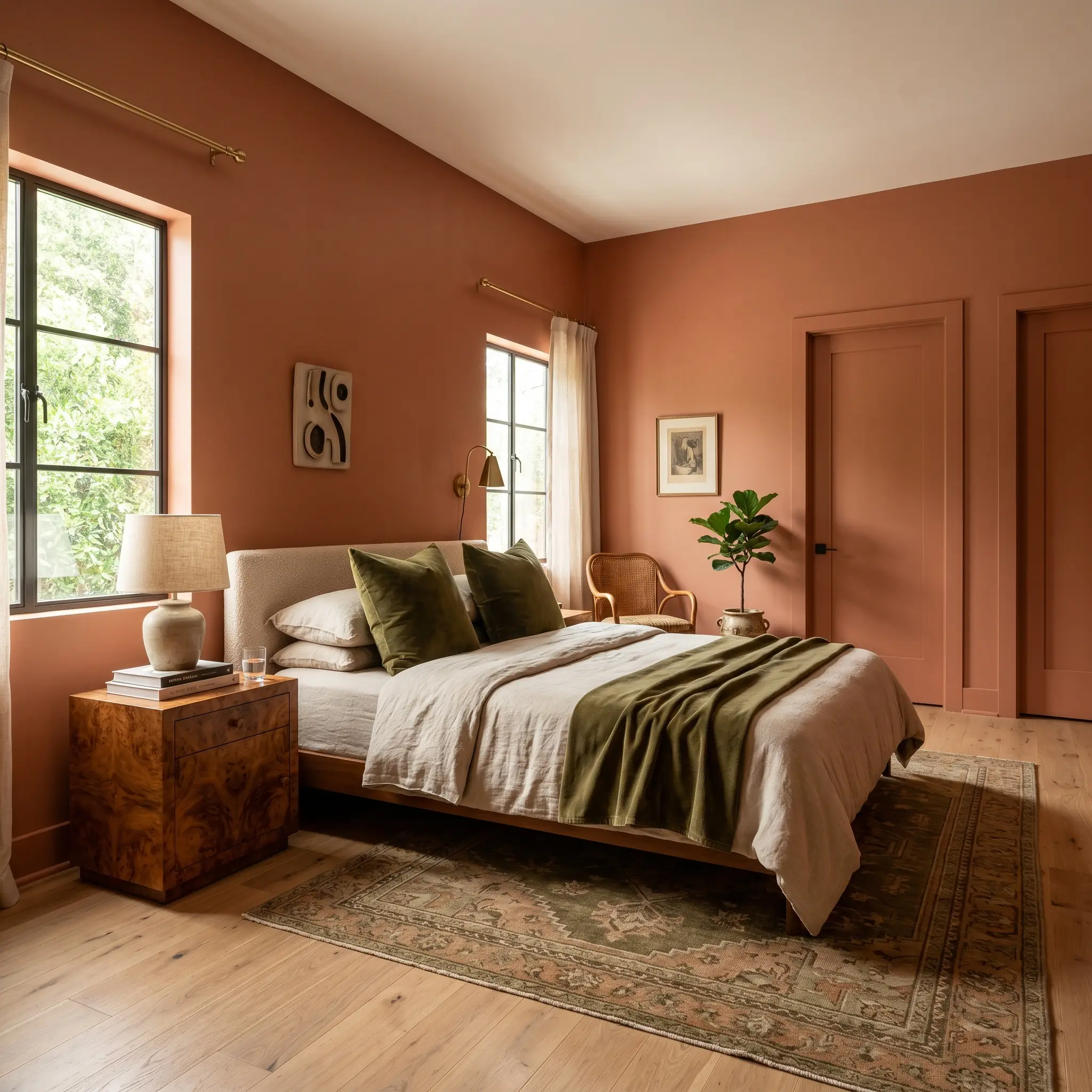 A low-profile bed with olive-green velvet pillows rests against seamless walls and baseboards painted in Dulux S08F6 (Hex #d08a6d) beside a burled wood nightstand.