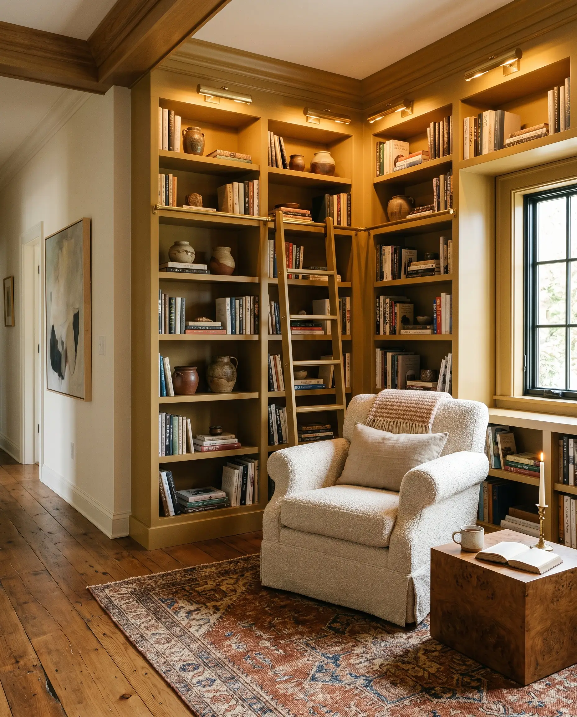 Unlacquered brass picture lights cast a warm glow over curated ceramics and stacked books on aged yellow floor-to-ceiling built-in bookcases beside a bouclé armchair.