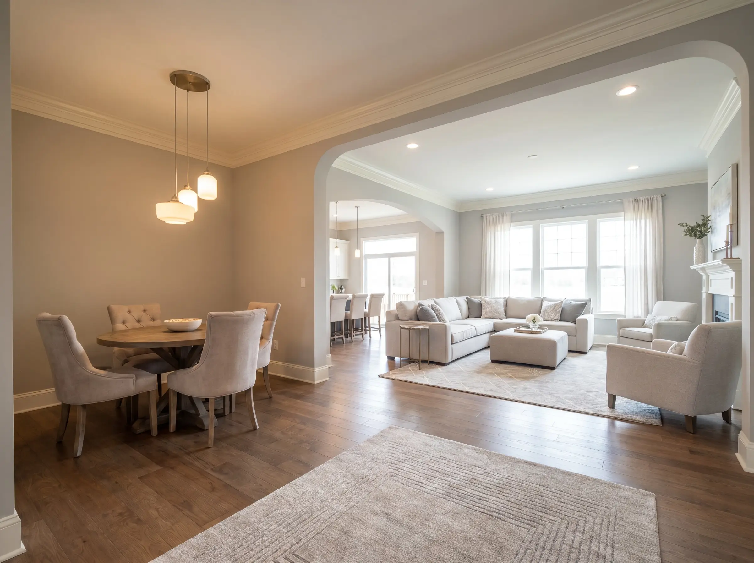 An intimate dining area painted in Sherwin Williams accessible beige flows into an adjoining great room featuring SW Agreeable Gray walls and creamy white trim.