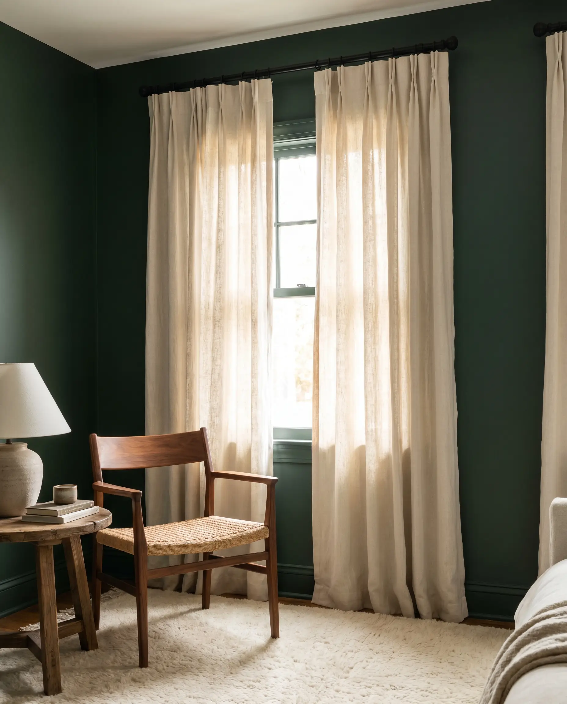 Heavyweight alabaster Belgian linen pinch pleat curtains for emerald green walls hang from a matte black iron rod beside a warm walnut armchair.