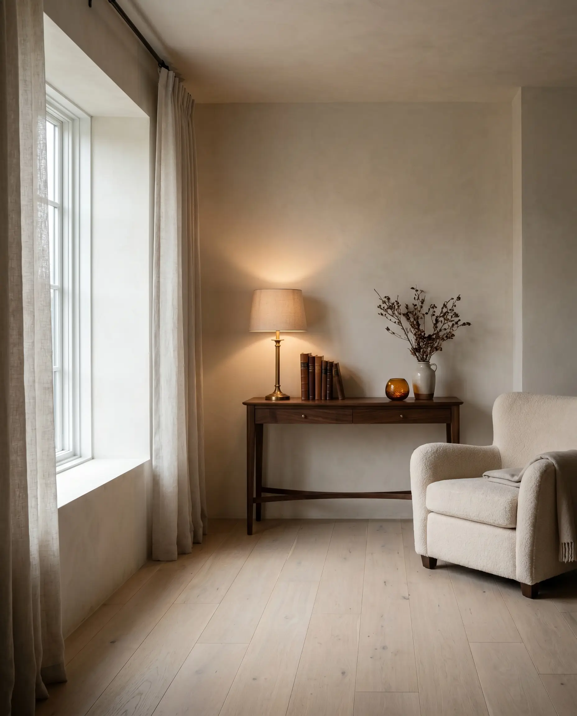 A glowing brass table lamp illuminates an elegant walnut console table set against Sherwin-Williams Alabaster flat walls and pale oak floor planks.