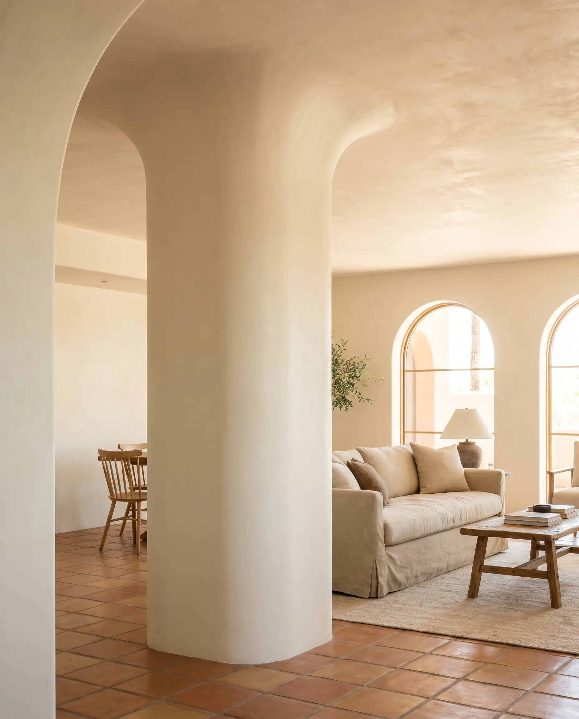 Smooth Alabaster plaster with bullnose edges coats a load-bearing column in a Southwestern Mediterranean space featuring terracotta floor tiles and a linen slipcovered sofa.
