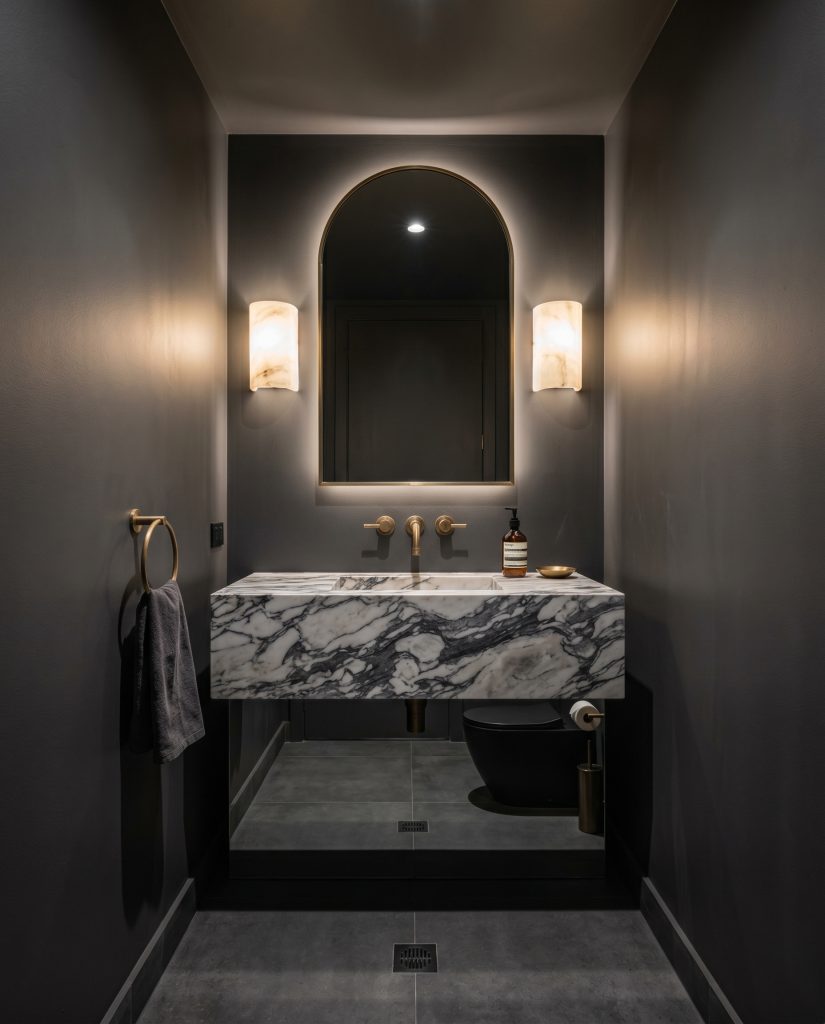 Glowing alabaster architectural sconces bounce warm ambient light across deep charcoal walls, framing a prominently veined marble floating sink and unlacquered brass faucet.