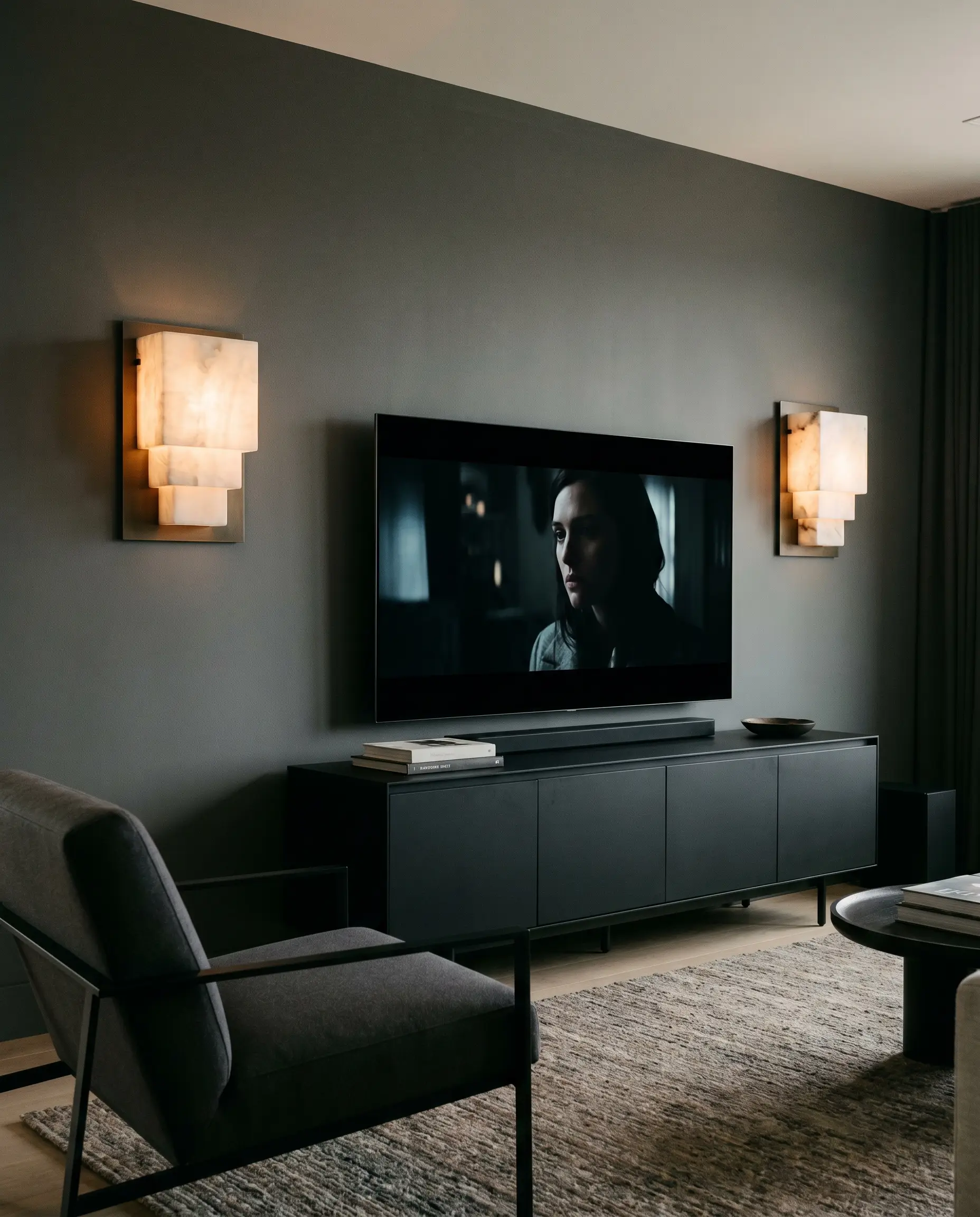 Stepped natural alabaster sconces flank a matte black media console against a dark grey Sherwin-Williams Peppercorn painted wall beside a modern lounge chair.