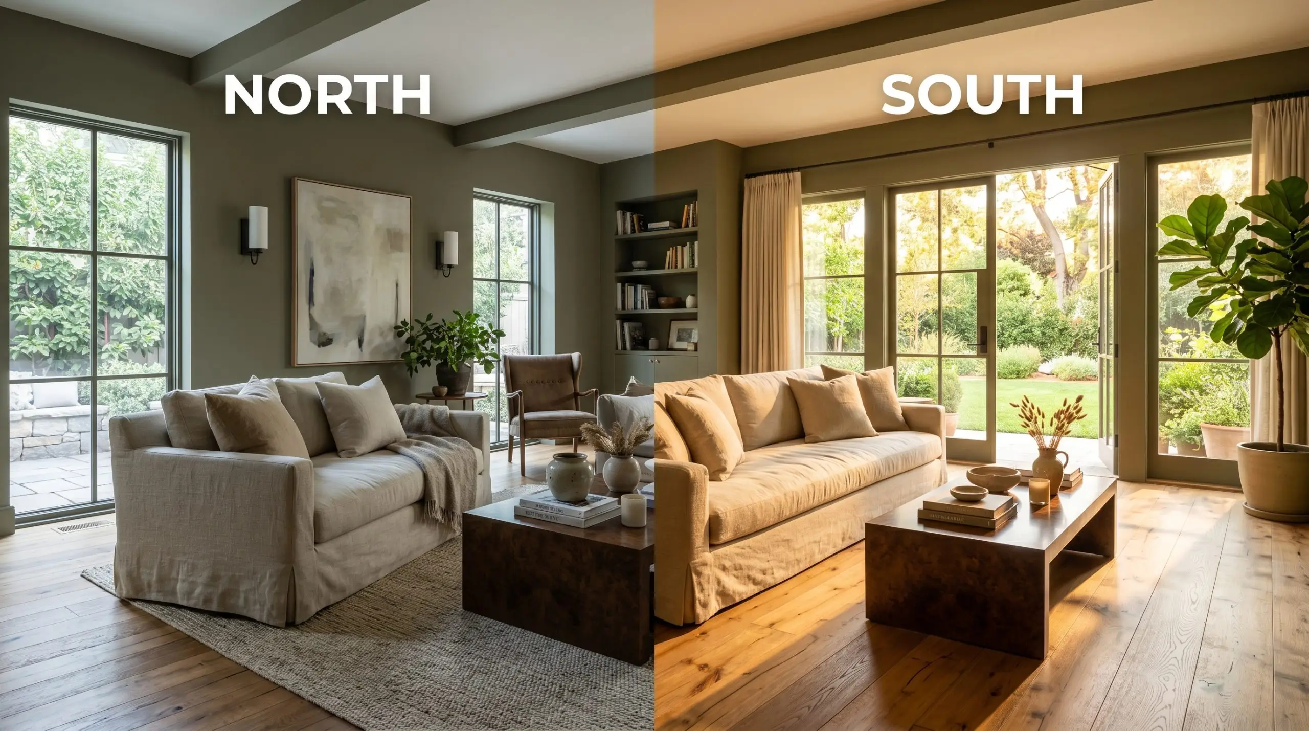 A tailored living room painted in Sherwin-Williams Hidden Trail demonstrates ambient absorption, shifting from a shadowed woodland green in cool North-facing light to a warm earthy olive in South-facing sunlight.