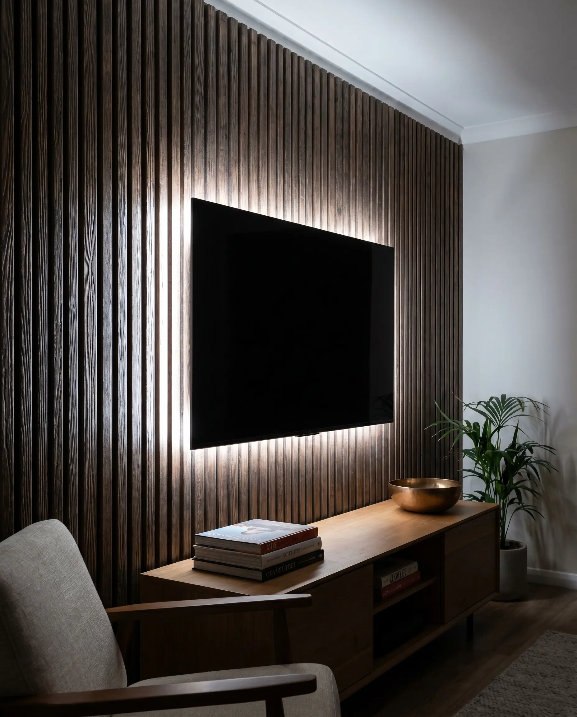 A three-dimensional halo effect radiates from pure white ambient bias lighting installed on the rear perimeter of a television, bouncing off textured wood slat grooves.