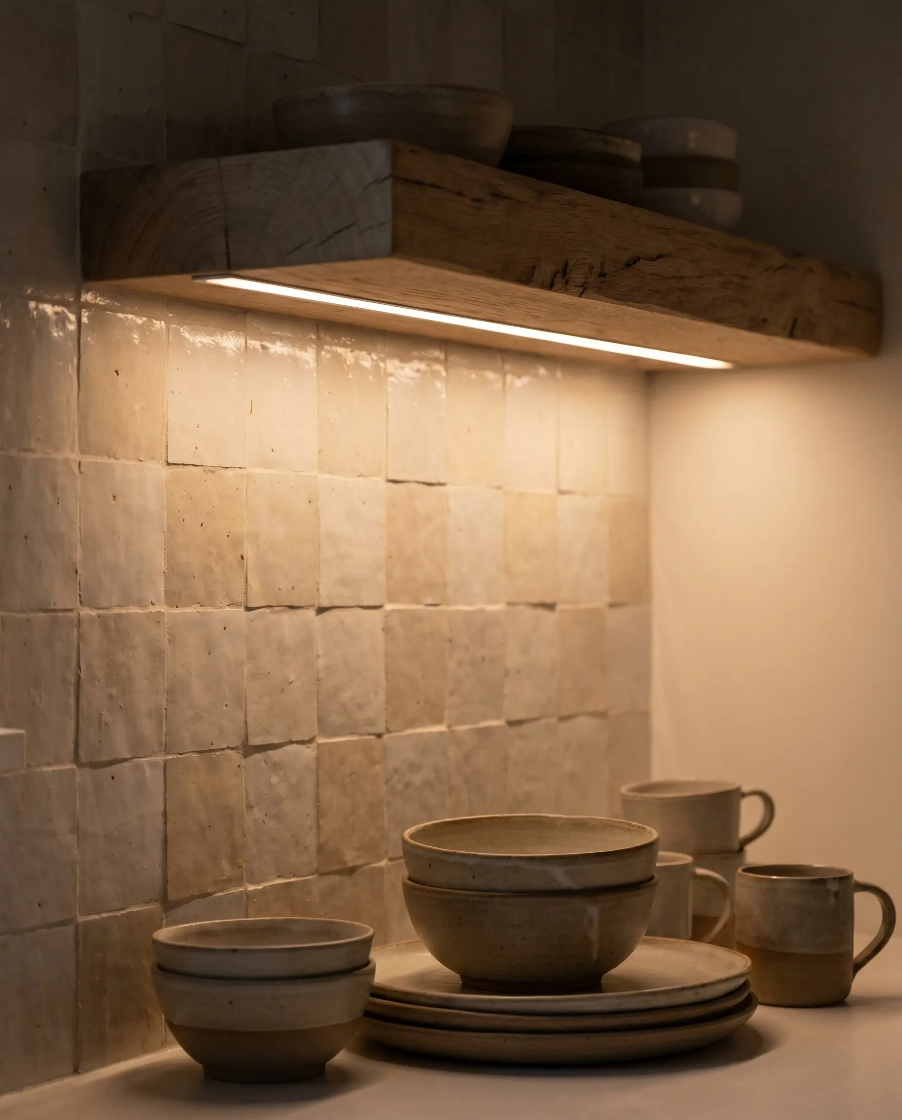 Hidden warm-white LED tape on the underside of a floating oak kitchen shelf illuminates a matte Zellige tile backsplash and handmade ceramic tableware.
