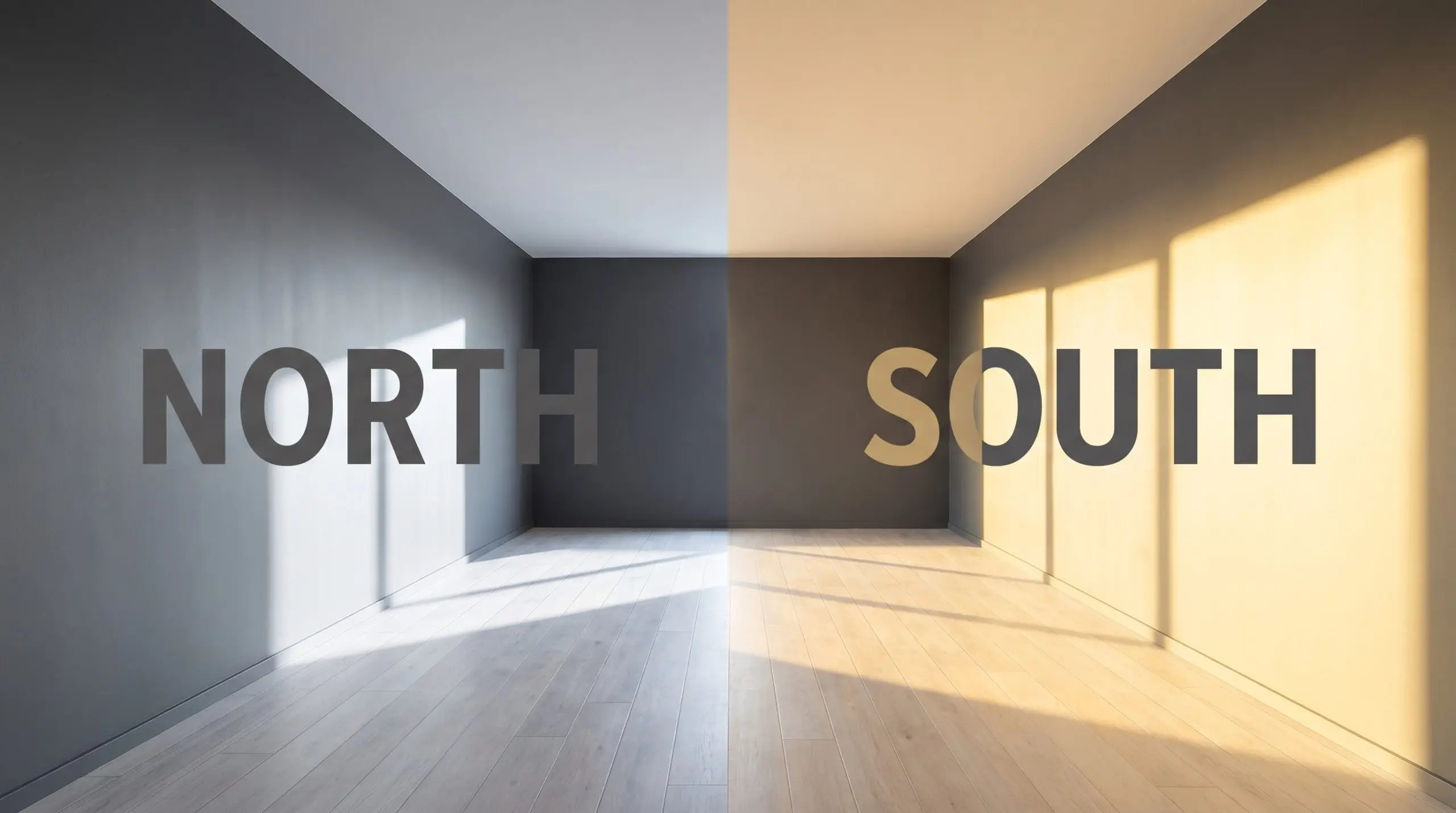 A split-screen architectural view of Benjamin Moore Gray shifting from stark cool tones in Northern light to intense warmth in Southern exposure.