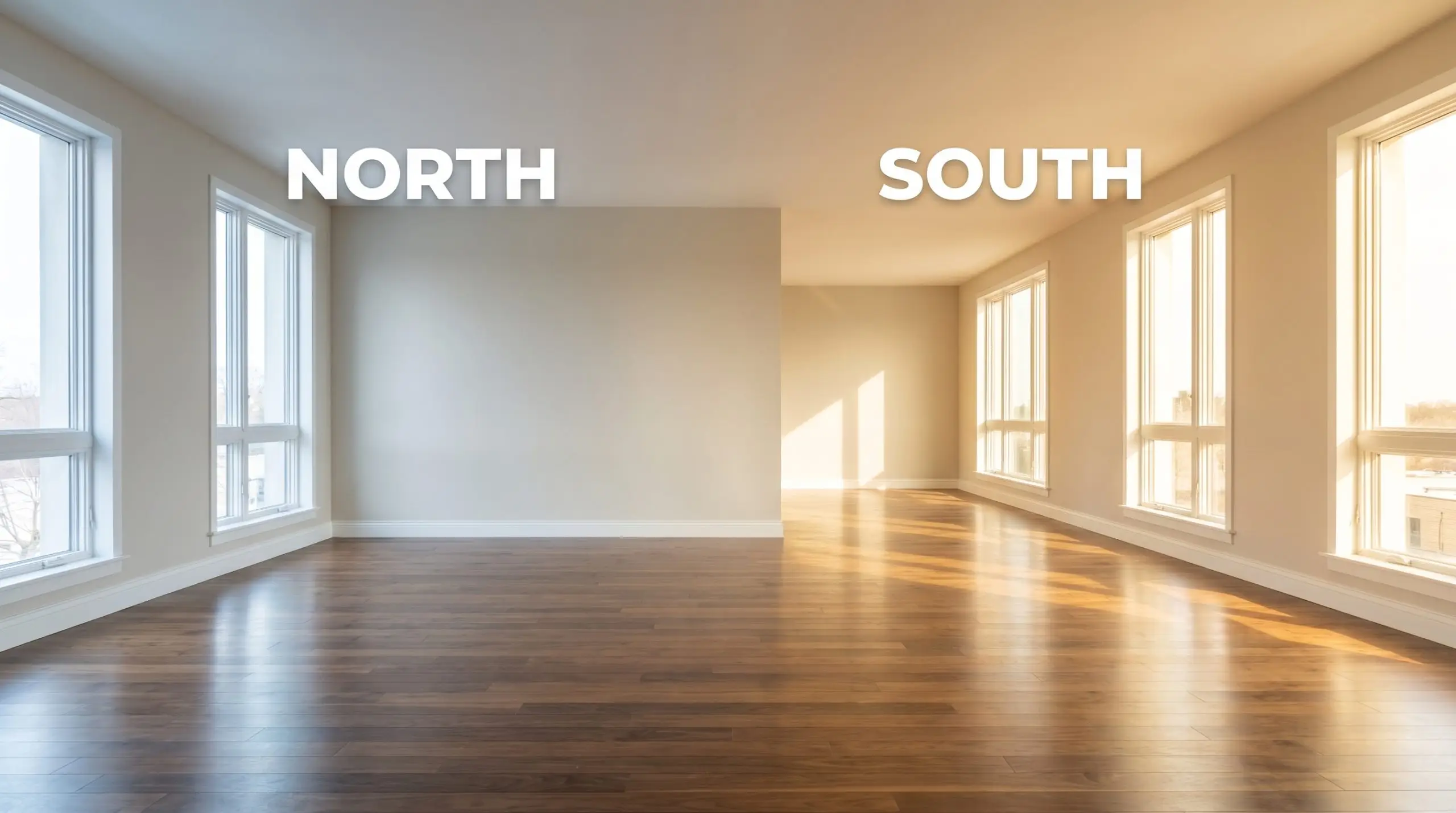 A continuous modern living room with polished walnut floors demonstrates ambient light absorption, shifting from a cool-toned off-white in Northern light to a warmer hue in Southern exposure.