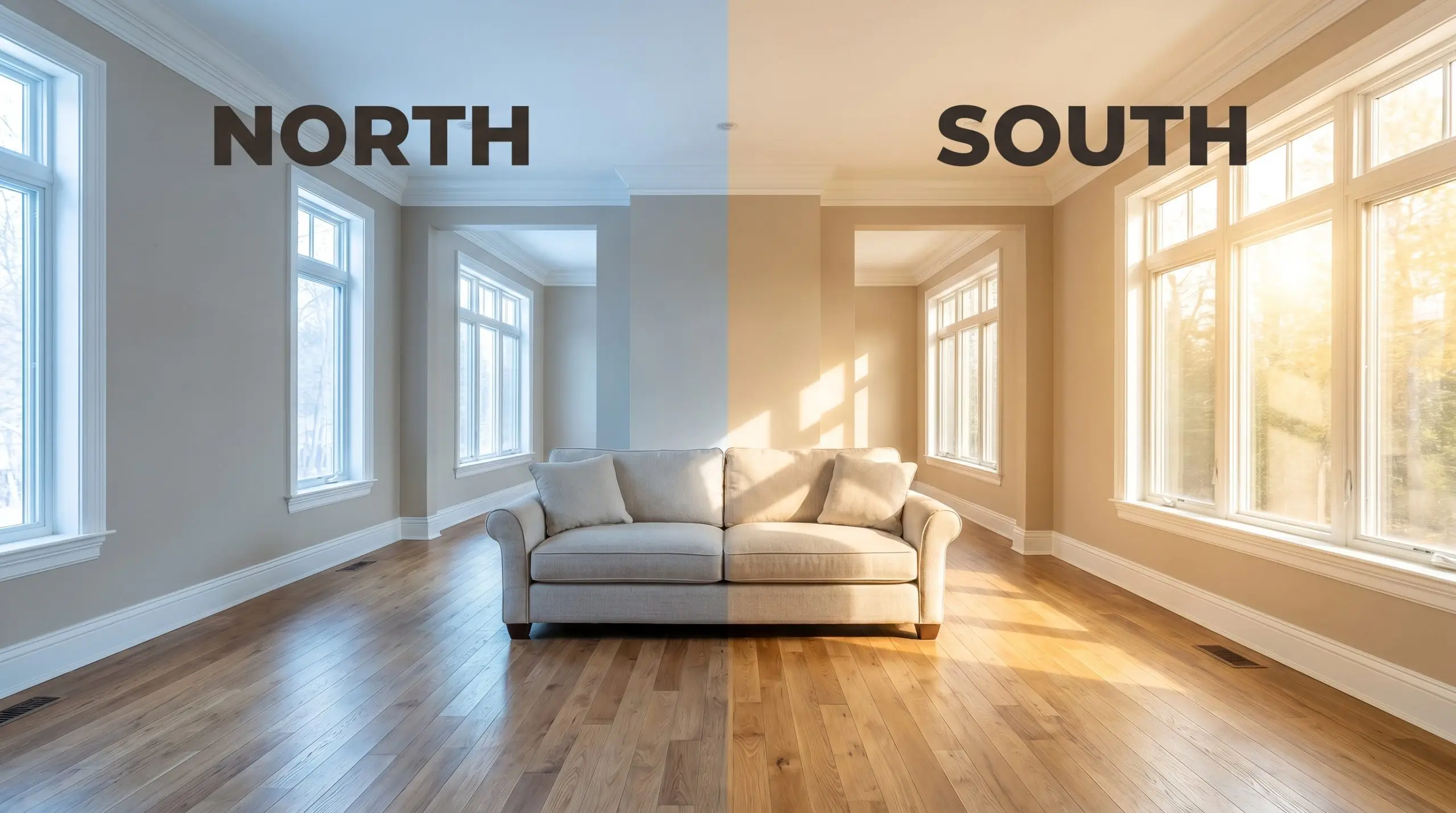 A continuous living room shifts dramatically on walls painted SW Anew Gray, transitioning from a flat earthy tone in cool northern natural light to a golden hue in warm southern sun exposure.