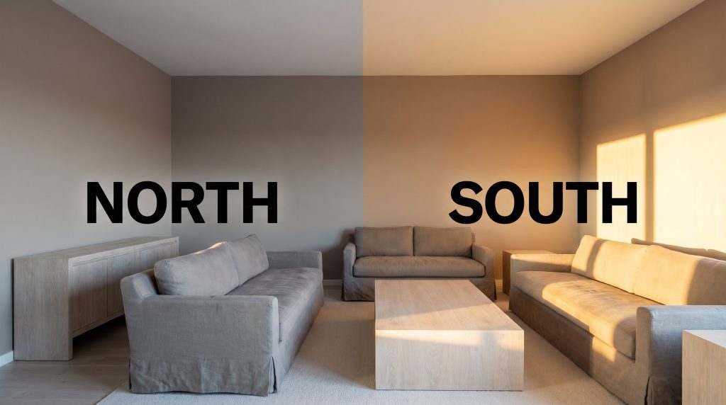 A slipcovered sofa and bleached oak accents sit in a living room, shifting from muted gray-brown in cool Northern light to a glowing yellow-red cast in warm Southern exposure.