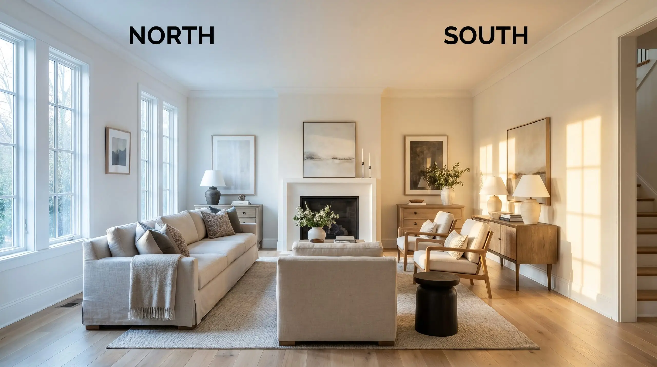 A continuous living room with a linen sofa and oak floors demonstrates how Sherwin-Williams White Flour (Hex #F4EFE5) shifts from a balanced soft white in cool Northern light to a rich creamy glow in warm Southern exposure.