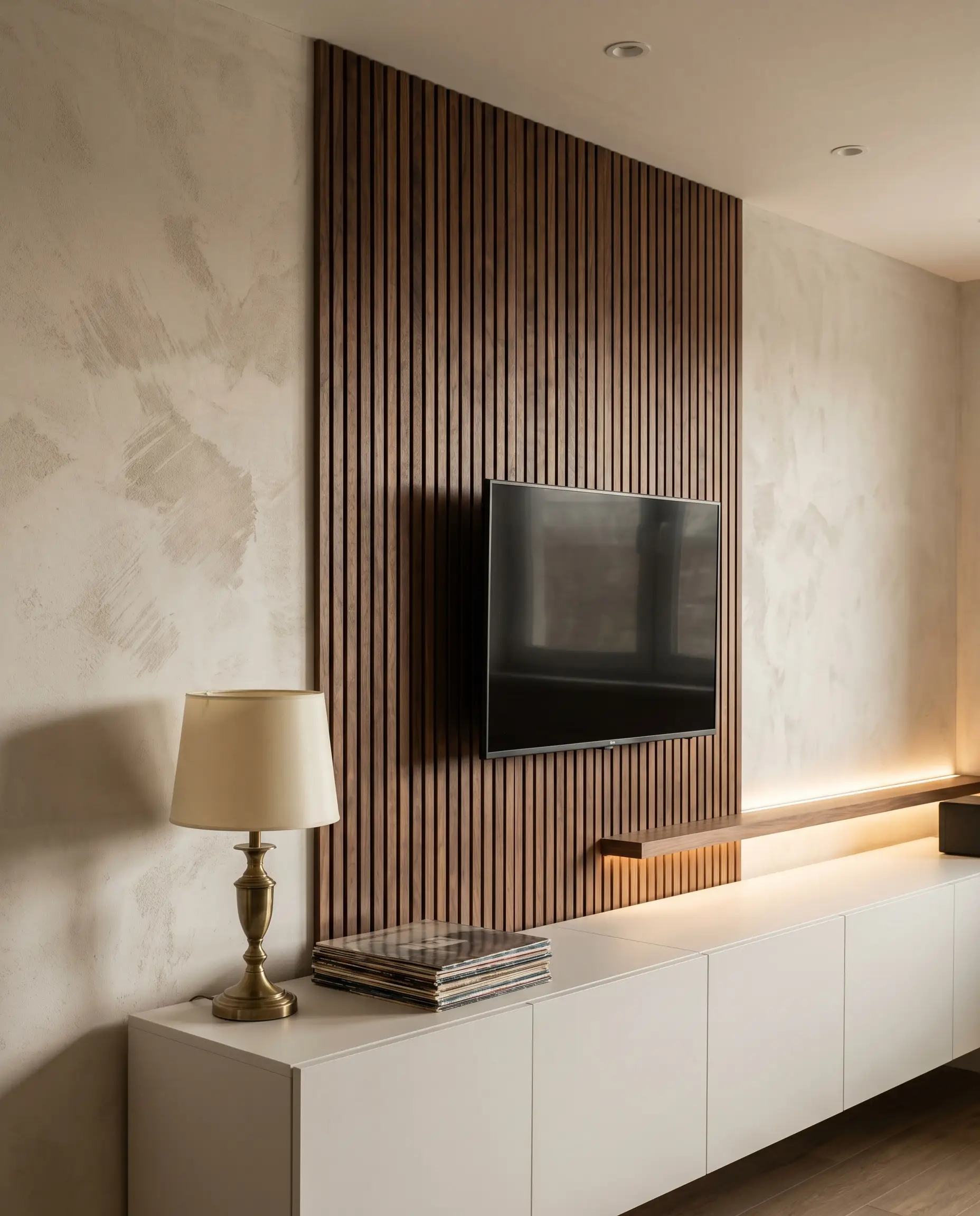 Dark American walnut veneer slats hold a flat-screen TV and contrast against highly textured limewash finish drywall above a matte white console.