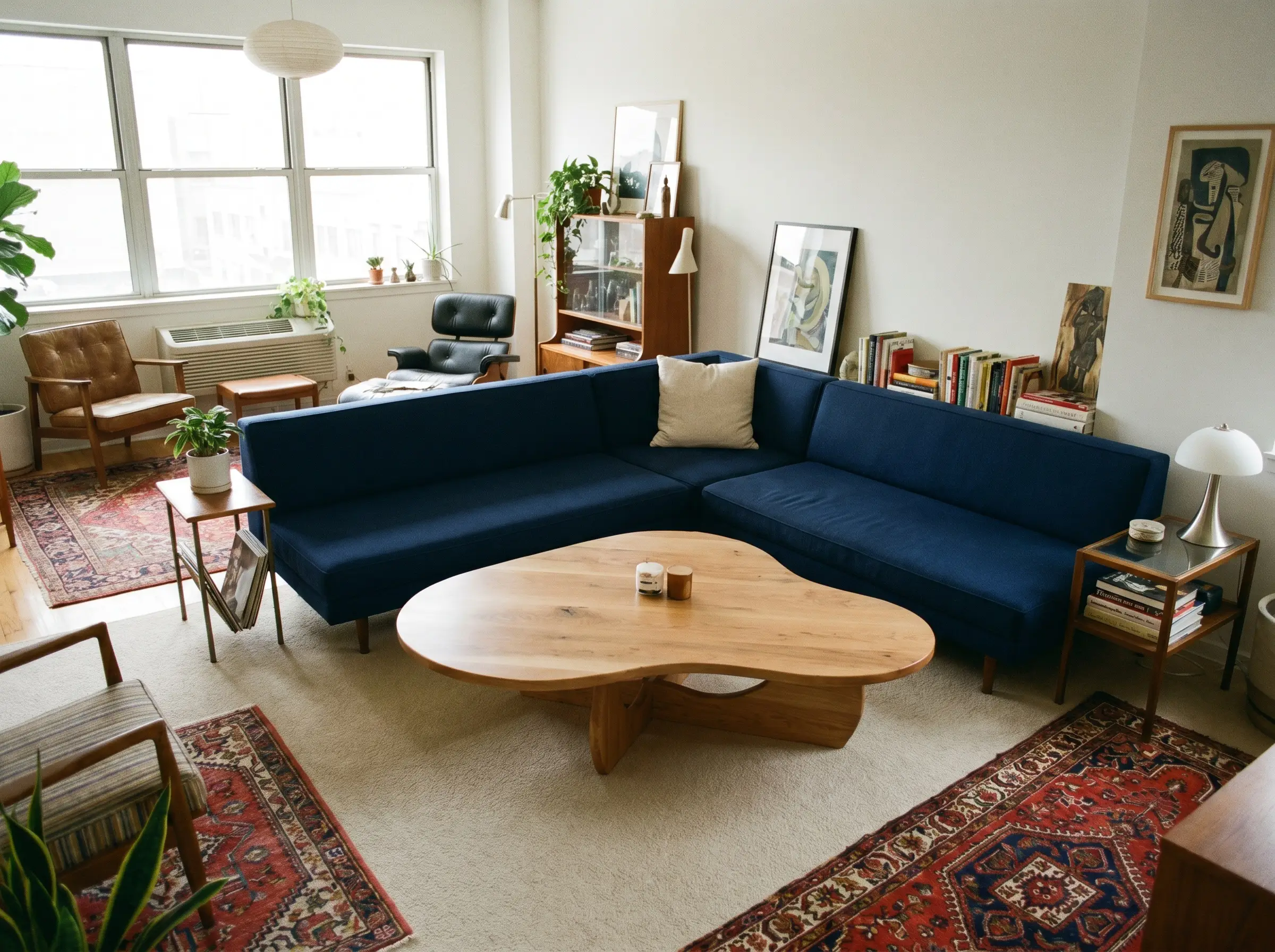Sweeping irregular curves define an asymmetrical amoeba-shaped coffee table placed sixteen inches from a rigid low-back navy blue L-shaped sectional sofa.