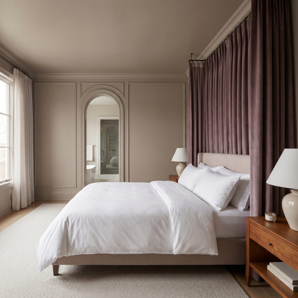 Thick muted plum velvet drapery frames a crisp white bed in a warm greige bedroom featuring tone-on-tone picture molding and warm wood nightstands.