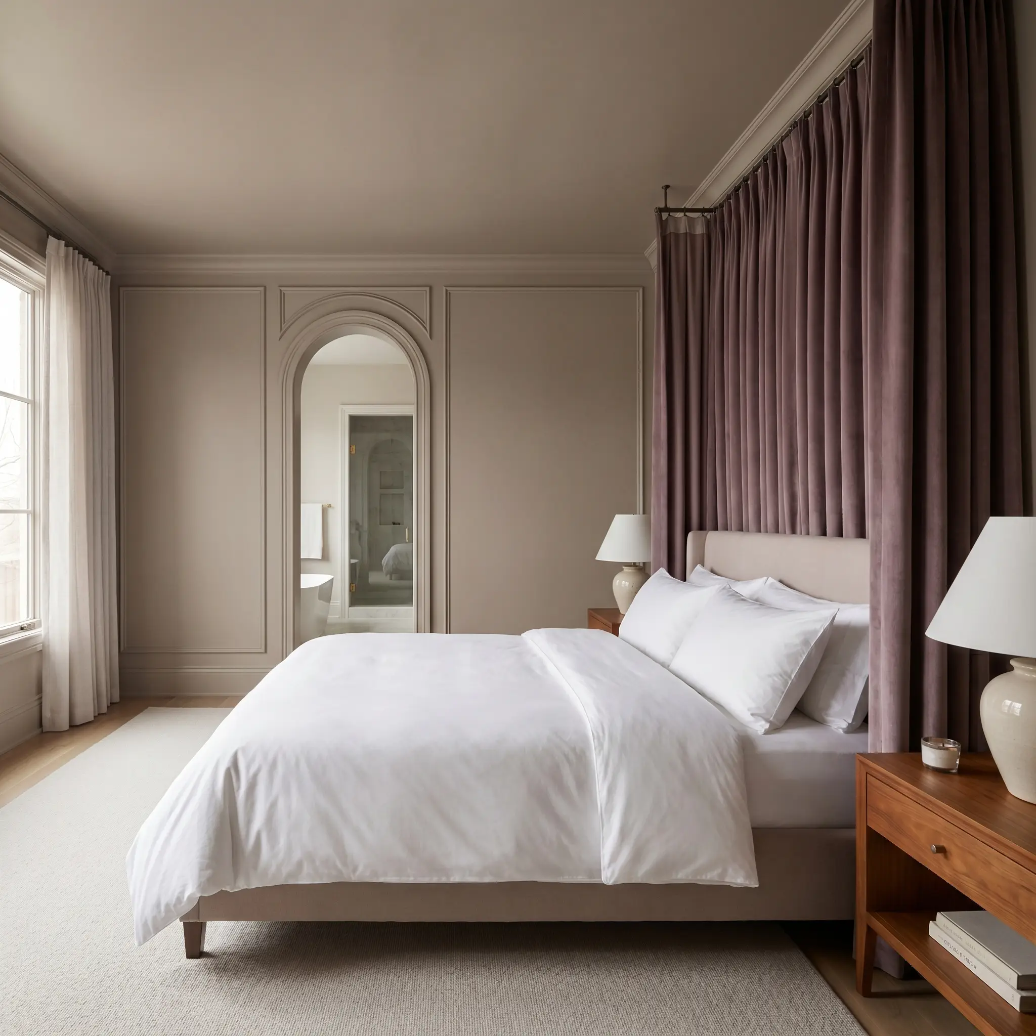Thick muted plum velvet drapery frames a crisp white bed in a warm greige bedroom featuring tone-on-tone picture molding and warm wood nightstands.