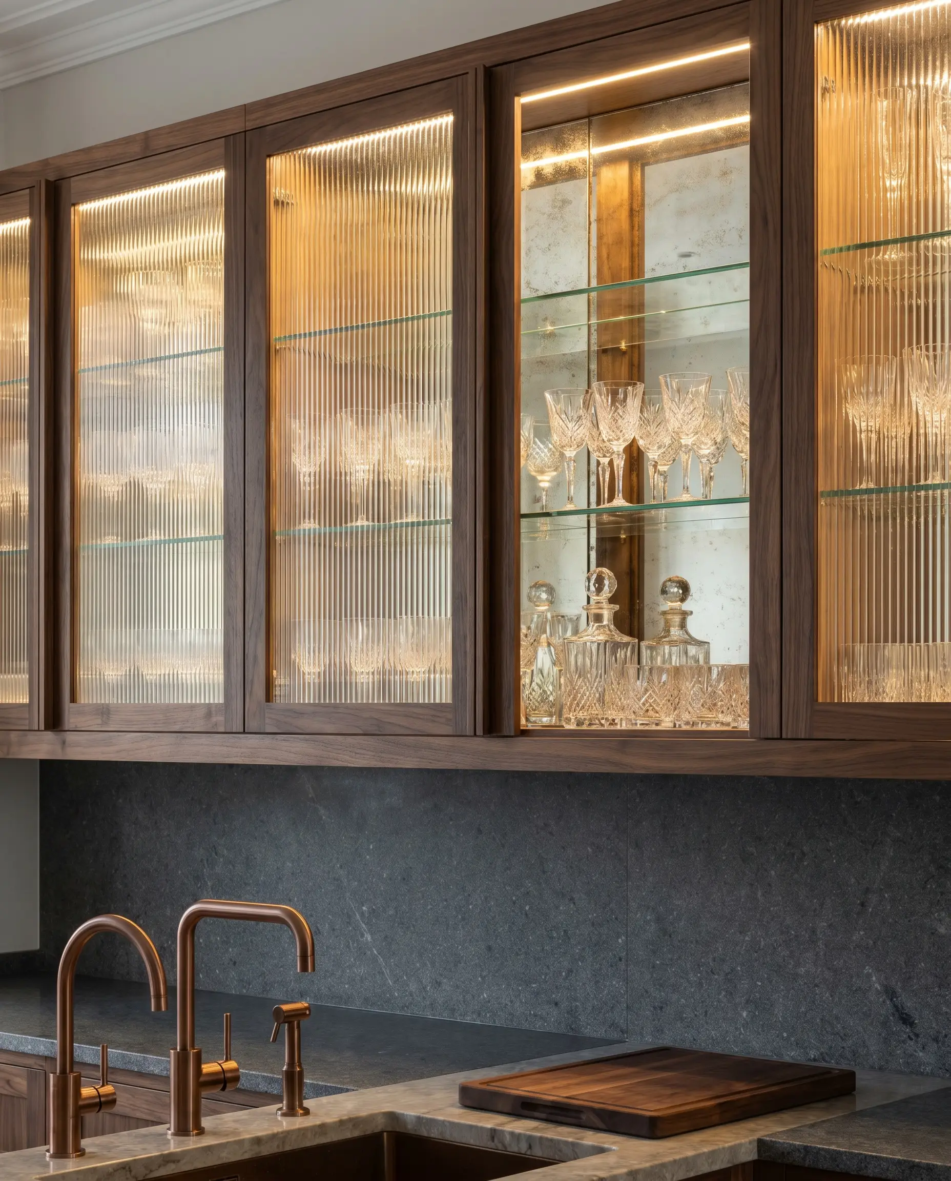 Antique mirror glass lines the interior back walls of walnut framed fluted glass upper cabinets displaying high-end crystal glassware.