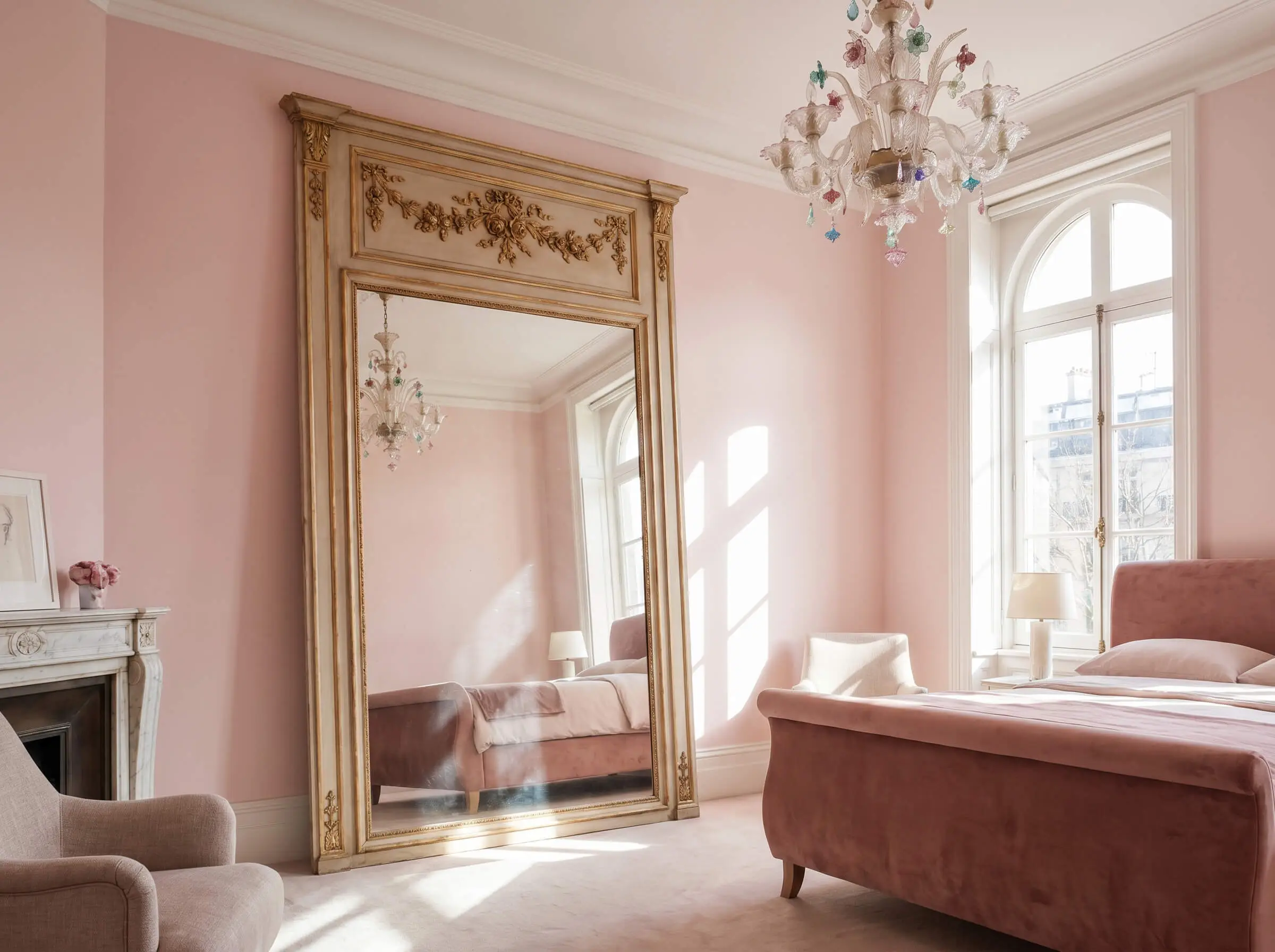 A floor-length French-style antique Trumeau mirror reflects a Murano glass chandelier and dusty rose velvet bed within a luxury pink girl bedroom design.