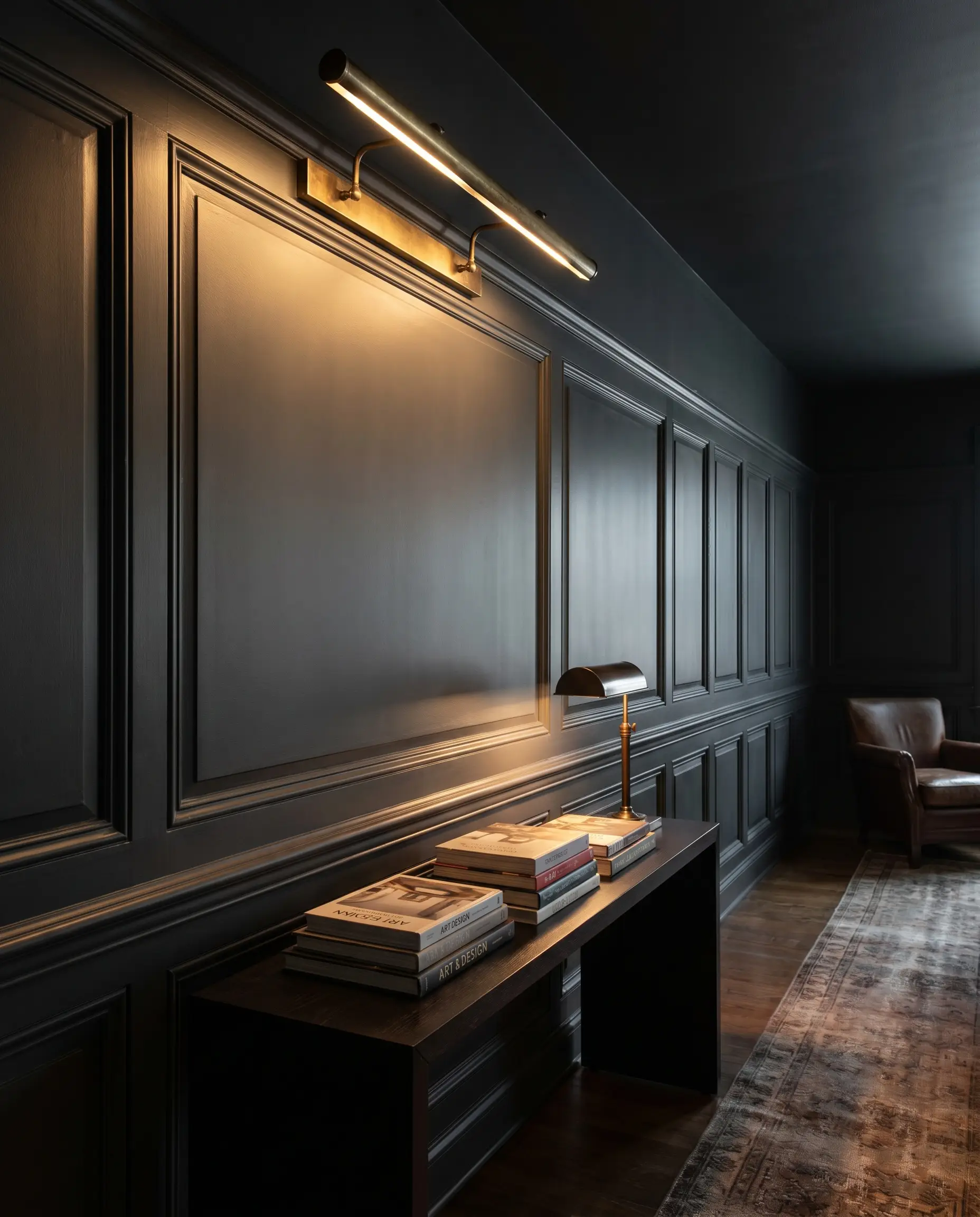 A wide antiqued brass picture light illuminates dark-painted architectural wainscoting above a sleek hallway console table styled with a stack of design books.