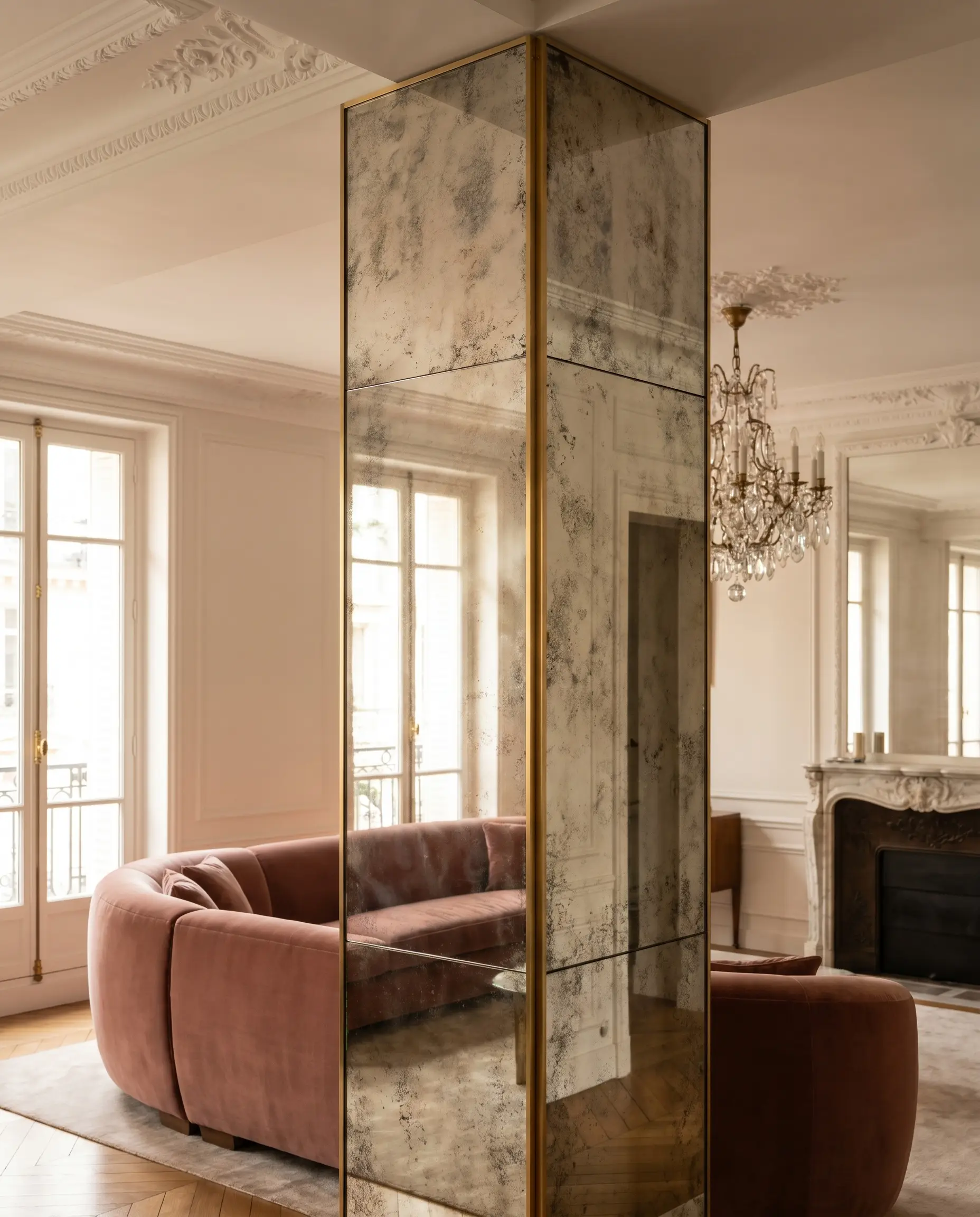 Heavily antiqued distressed mirror panels clad all four sides of a square structural support in a Parisian apartment-style living room featuring a curved velvet sofa.