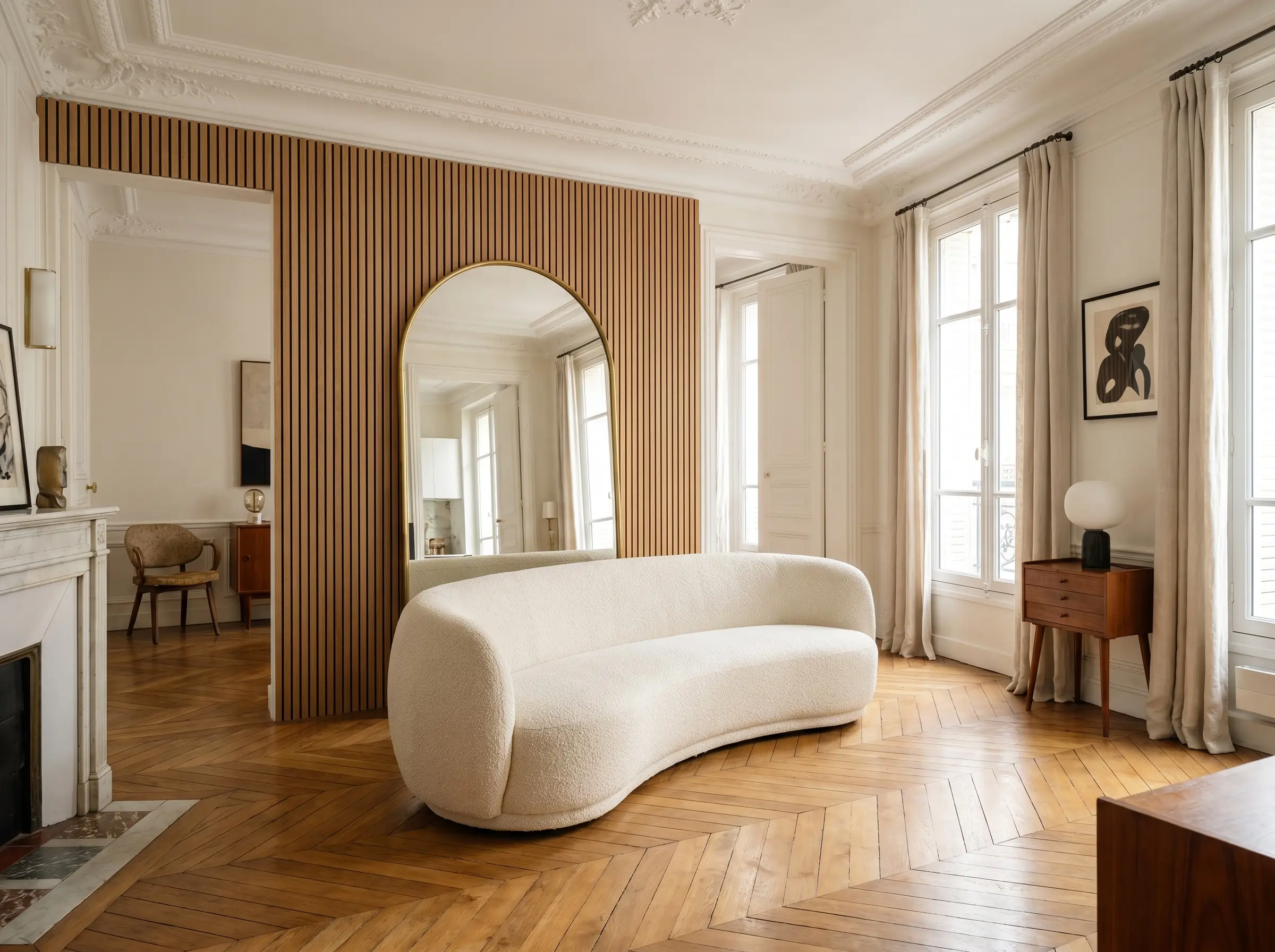 A tall arched brass floor mirror leans against a wood slat accent wall behind sofa, positioned ten inches behind the modern seating.