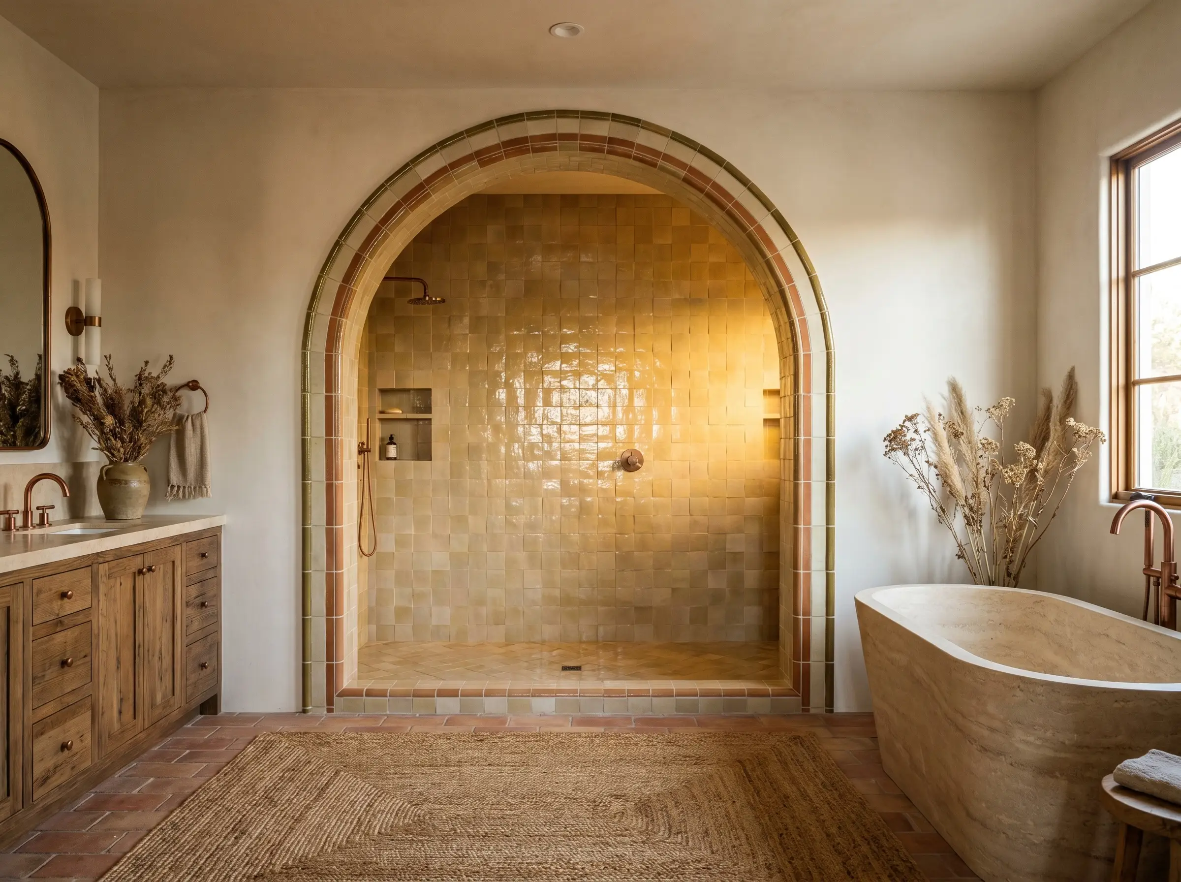 A structurally arched shower entryway utilizes glazed bullnose trim to seamlessly hide the raw terracotta body of the undulating clay tiles.