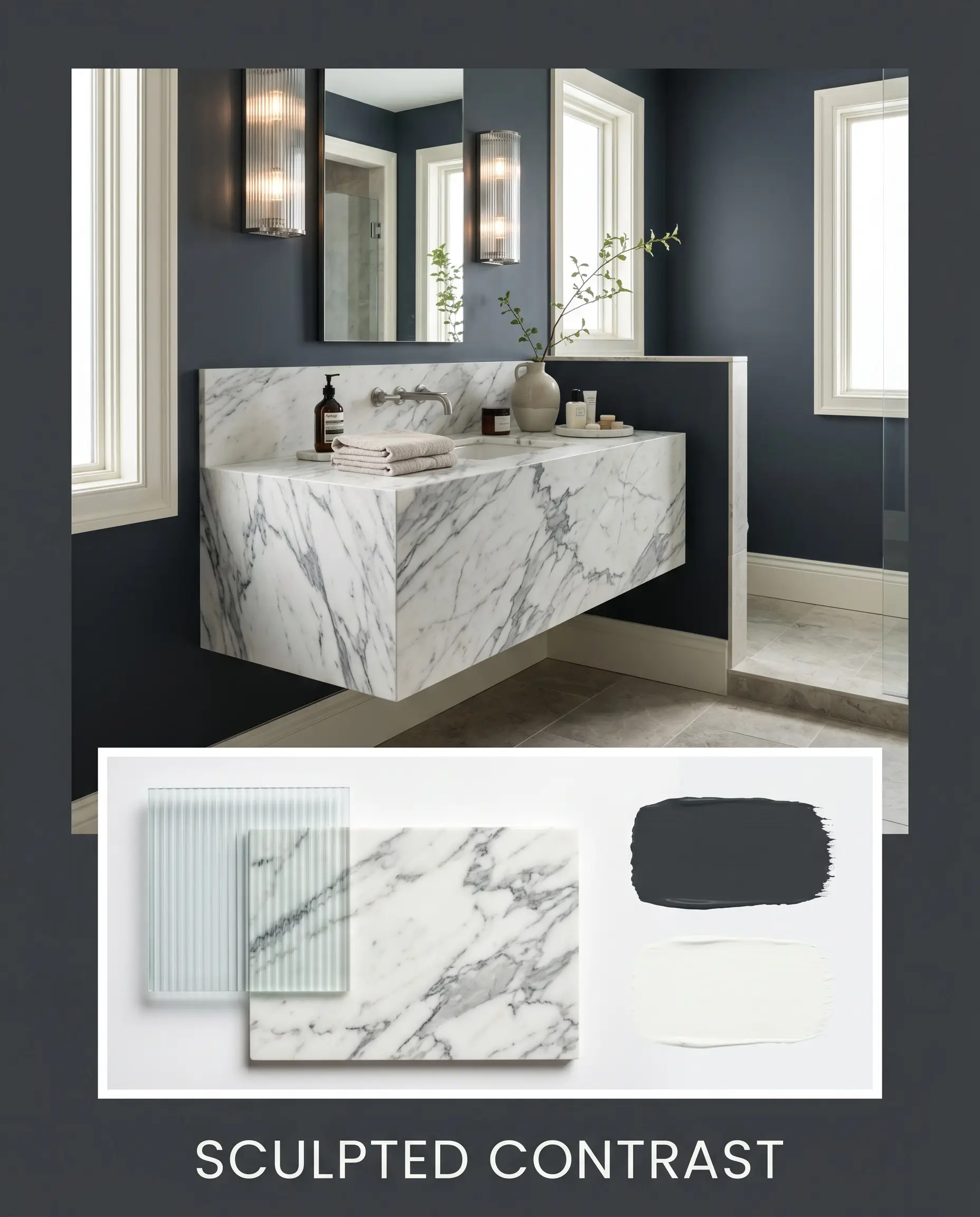 An editorial magazine layout features a modern bathroom painted in Benjamin Moore Soot above a flat-lay of fluted glass and a statuary marble slab.