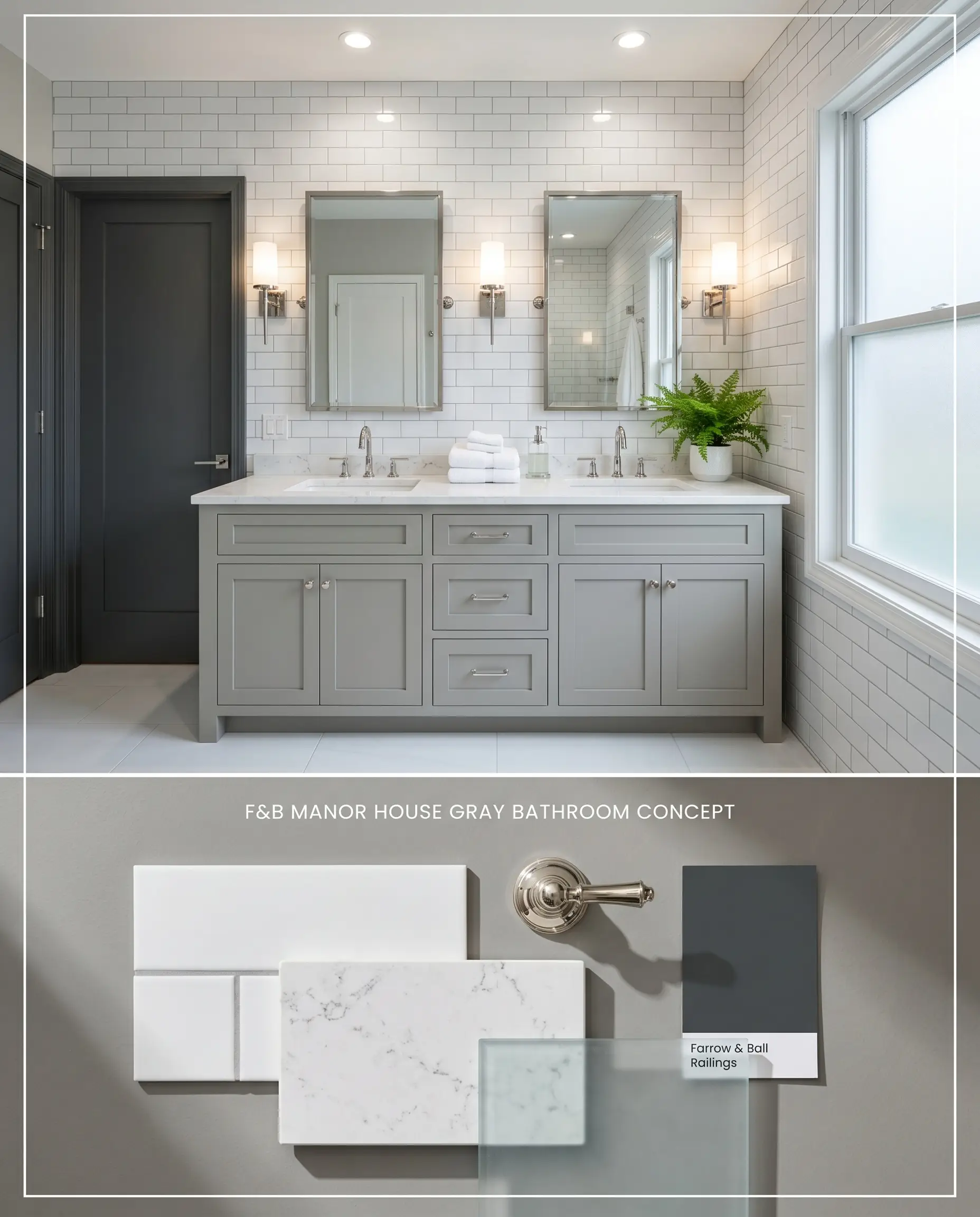 A split digital conceptual board for a sophisticated bathroom displaying a cool gray vanity above, and physical white quartz, subway tile, and a Railings paint swatch below.