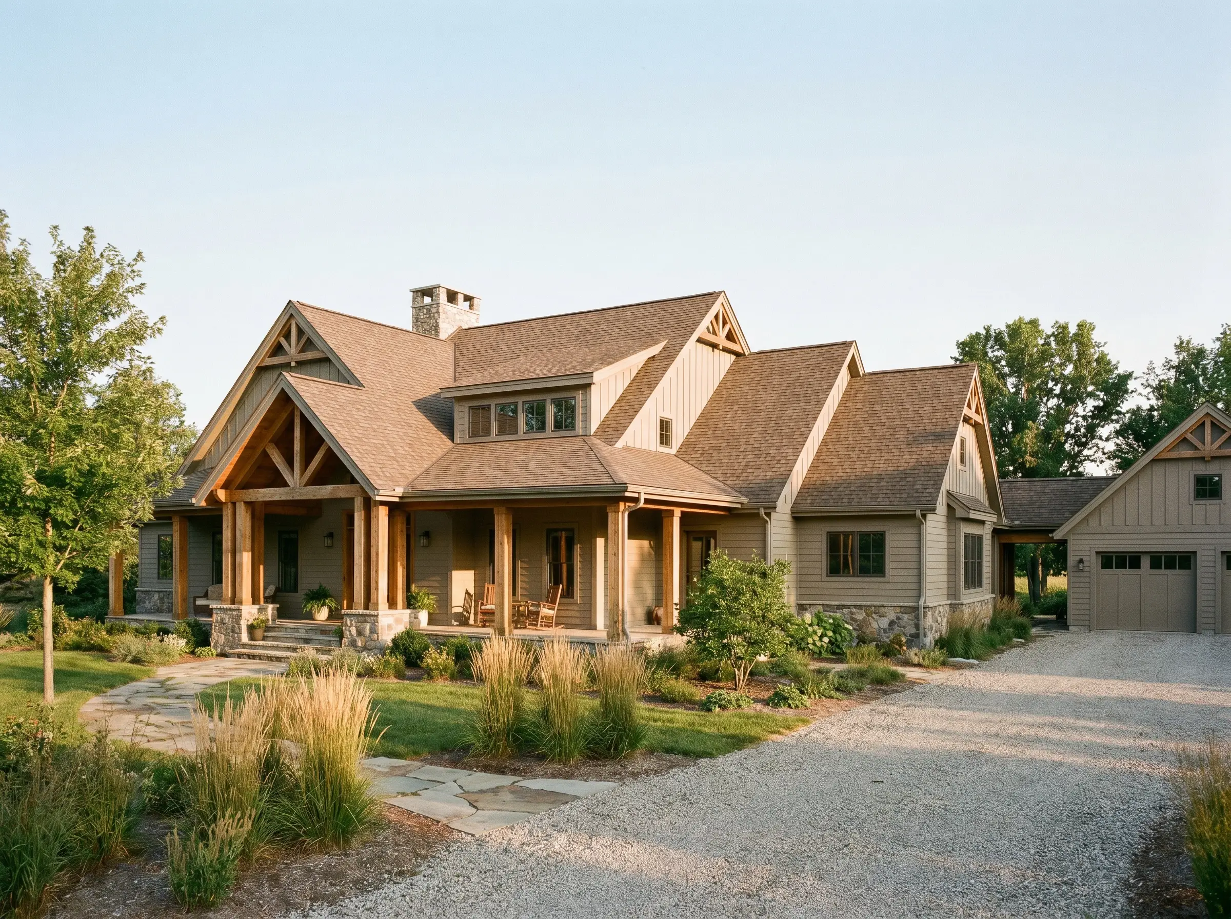 Warm brown architectural shingles top a home finished with mid-tone gray exterior house paint and sturdy natural cedar structural posts framing the porch.