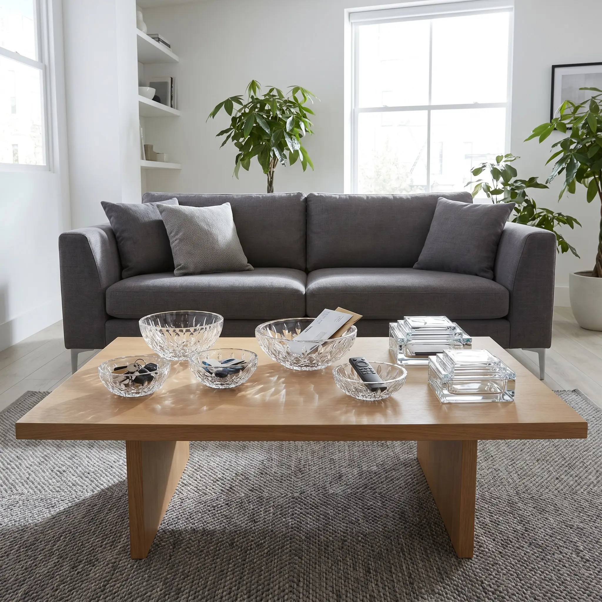 Art deco touches modern living room styling includes faceted cut lead crystal catchalls and stepped-glass boxes on a matte wood coffee table.