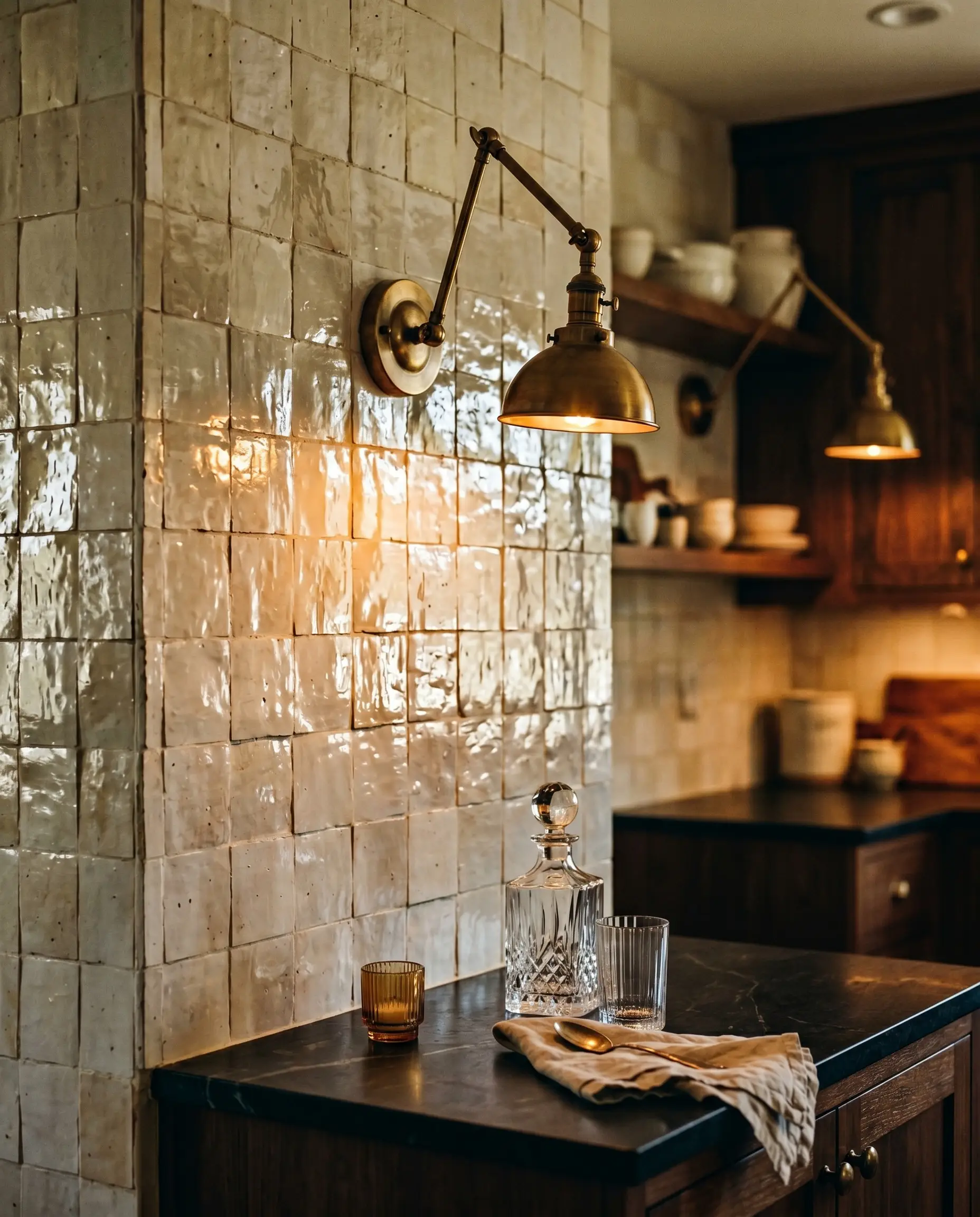 Hardwired articulating aged brass sconces mounted directly through a highly textured tile wall cast localized pools of light over heavy glaze pooling.