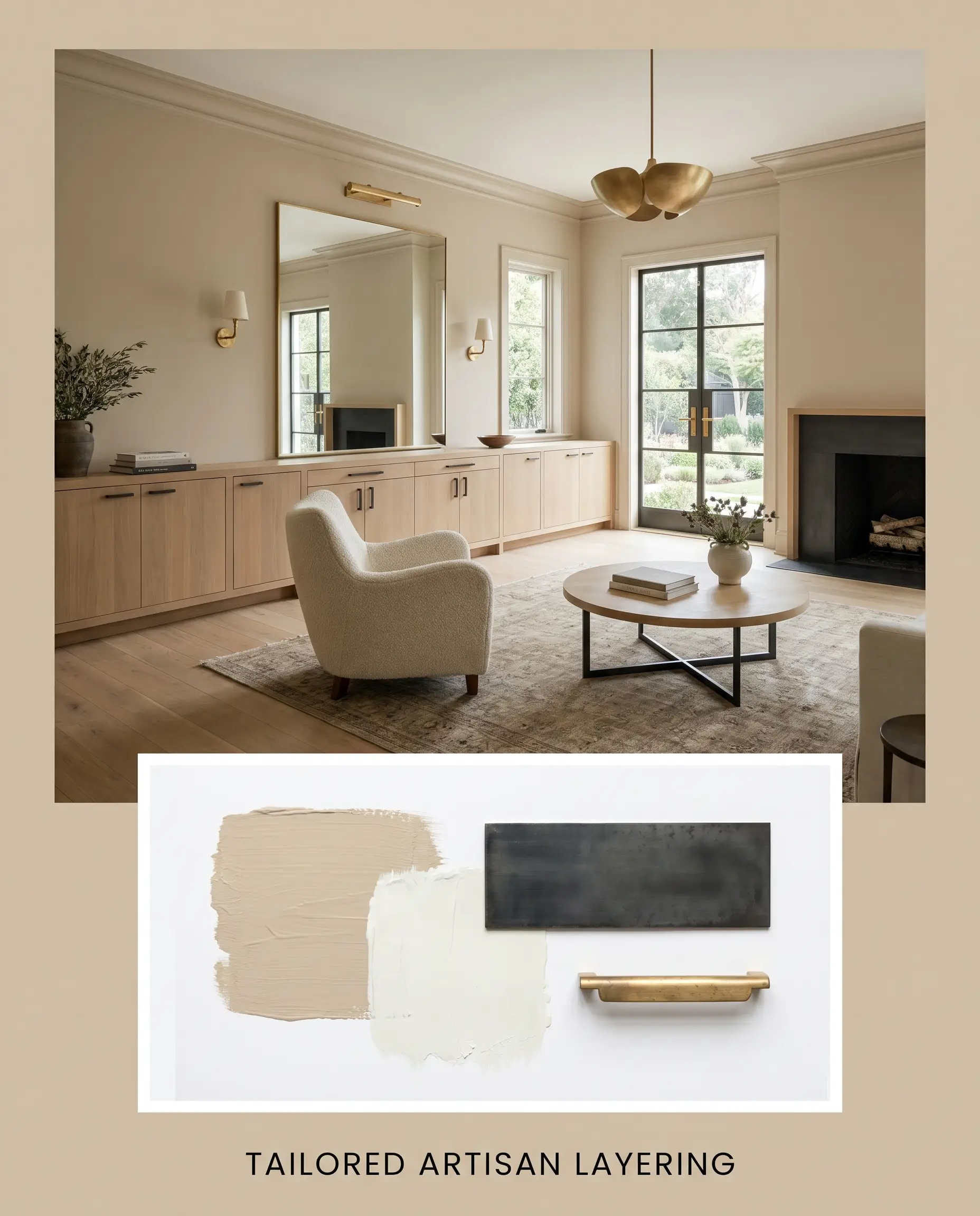 Blackened steel hardware on white oak cabinetry rests above an inset panel displaying brass pulls and warm neutral paint textures on a clean white margin.