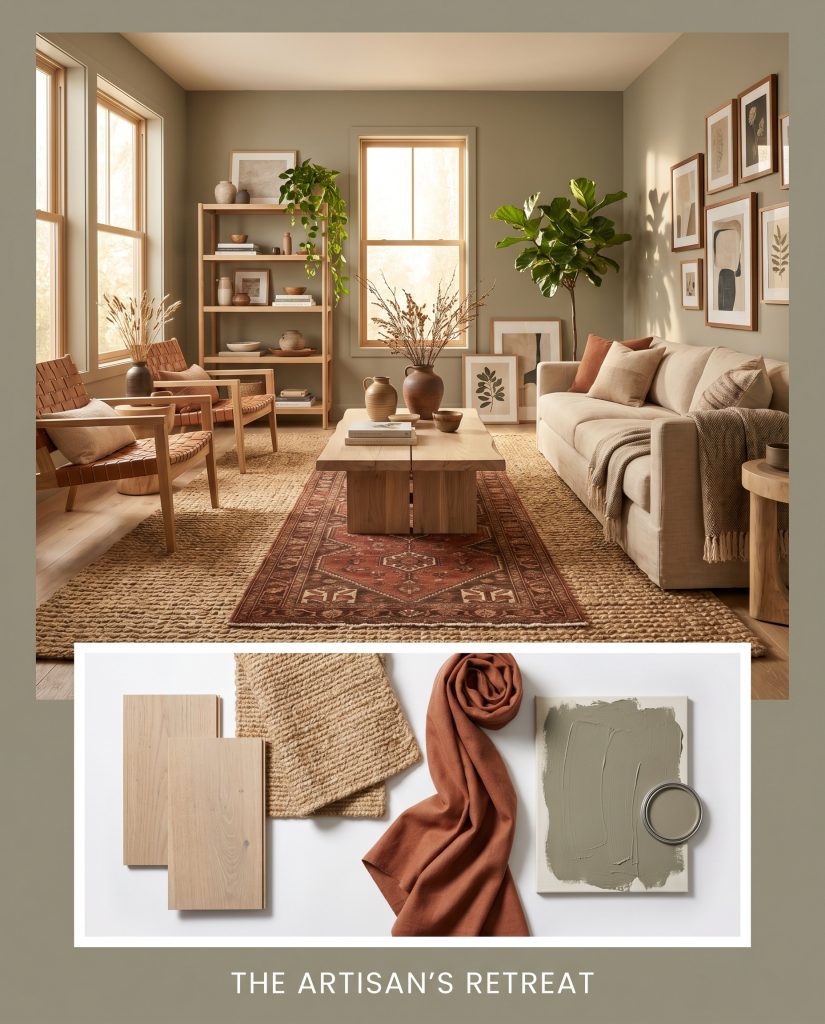 An editorial magazine layout pairs a relaxed living room painted in Behr Muted Sage with a flat-lay inset of bleached oak, jute textiles, and terracotta fabric swatches.