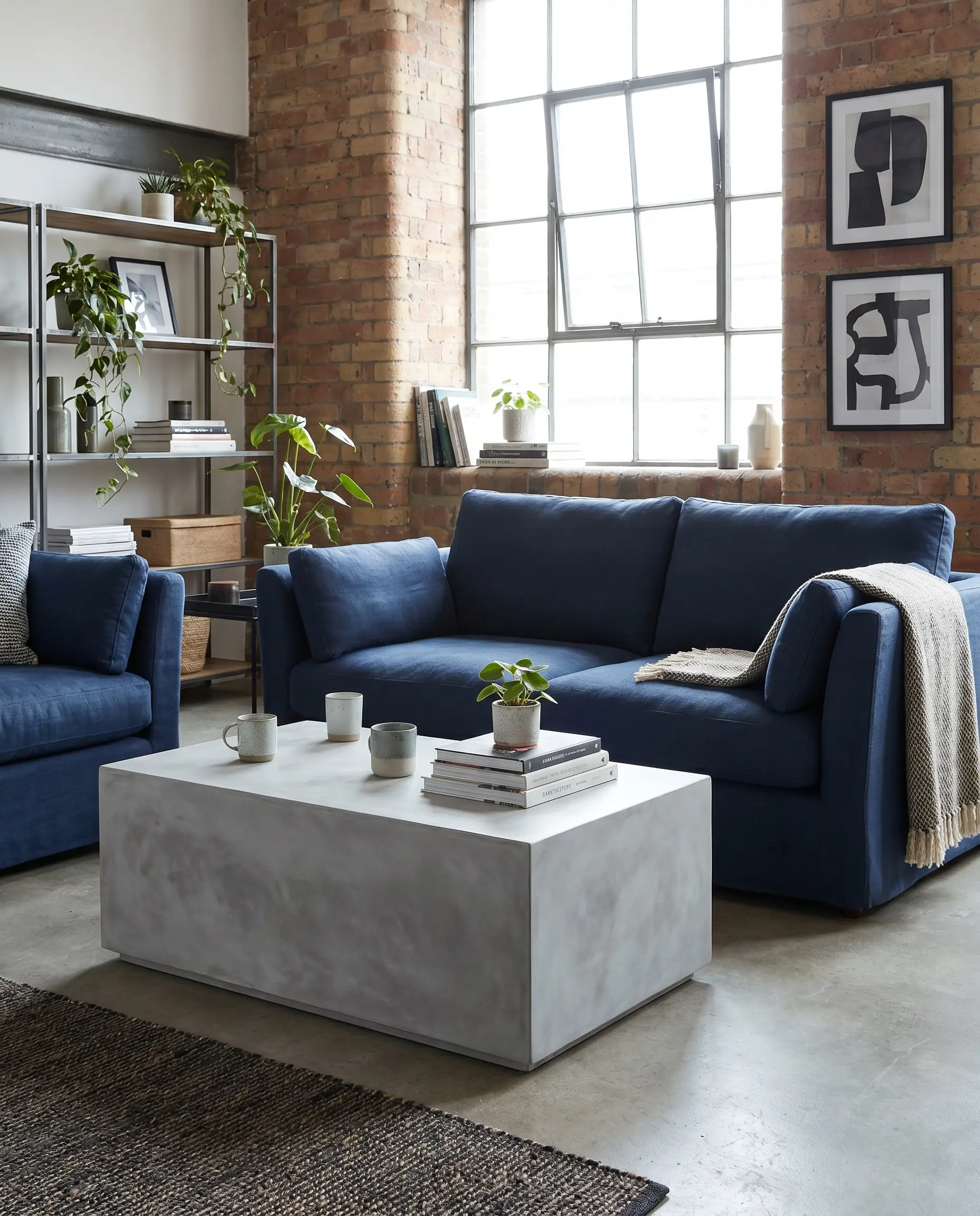 An ash gray microcement faux concrete coffee table anchors a minimalist urban loft alongside a tailored navy blue linen sofa and stark black accents.